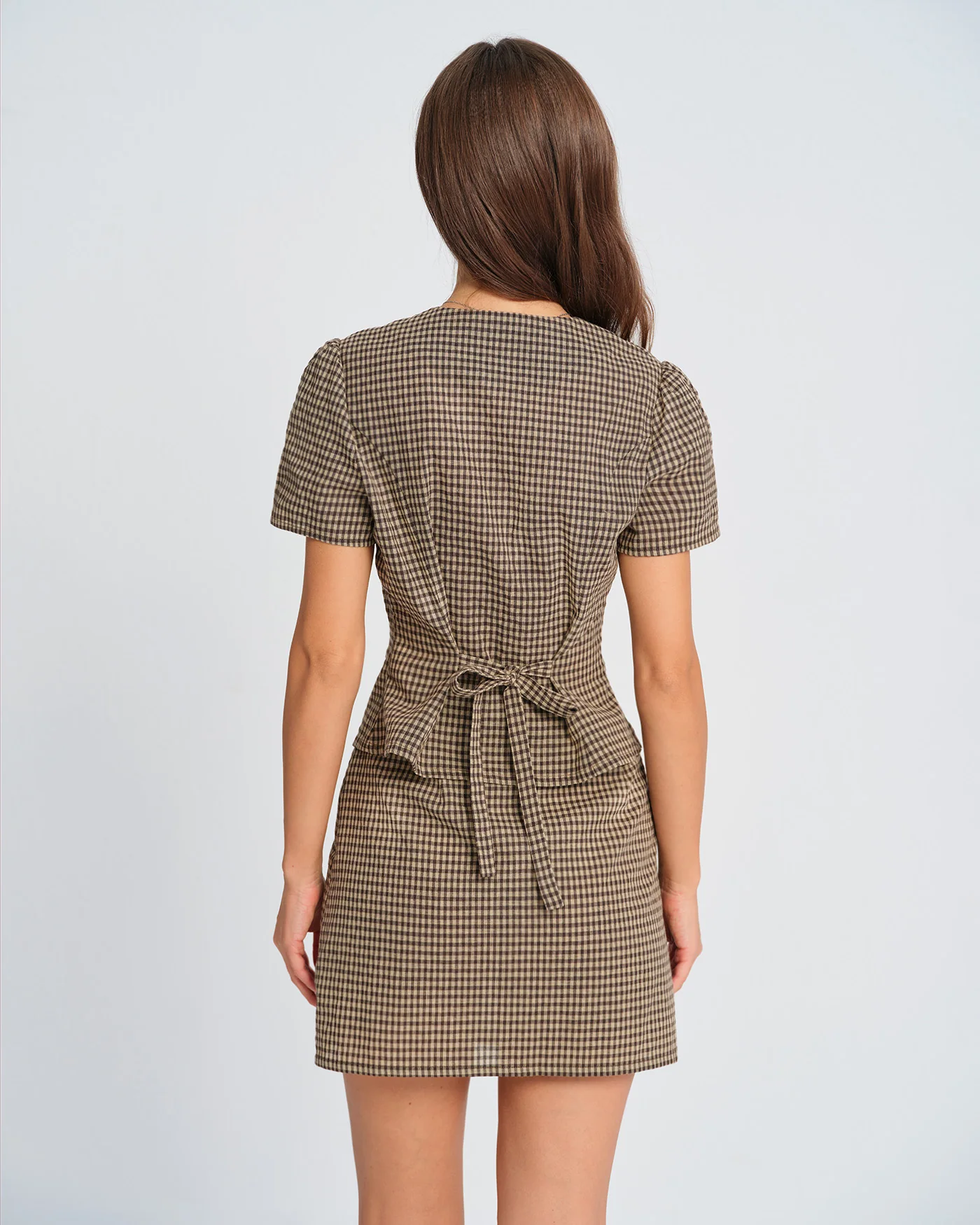 Brown Plaid Puffed Sleeve Blouse - Image 3