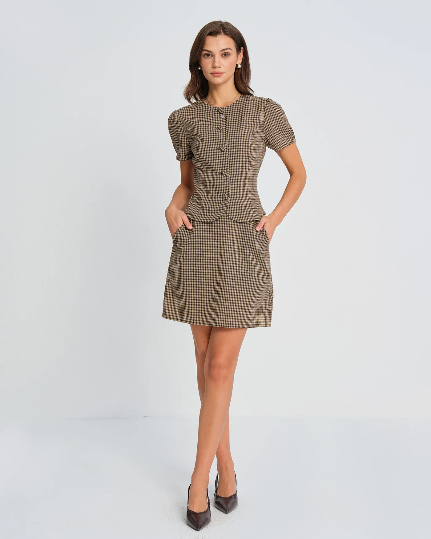 Brown Plaid Puffed Sleeve Blouse - Image 5
