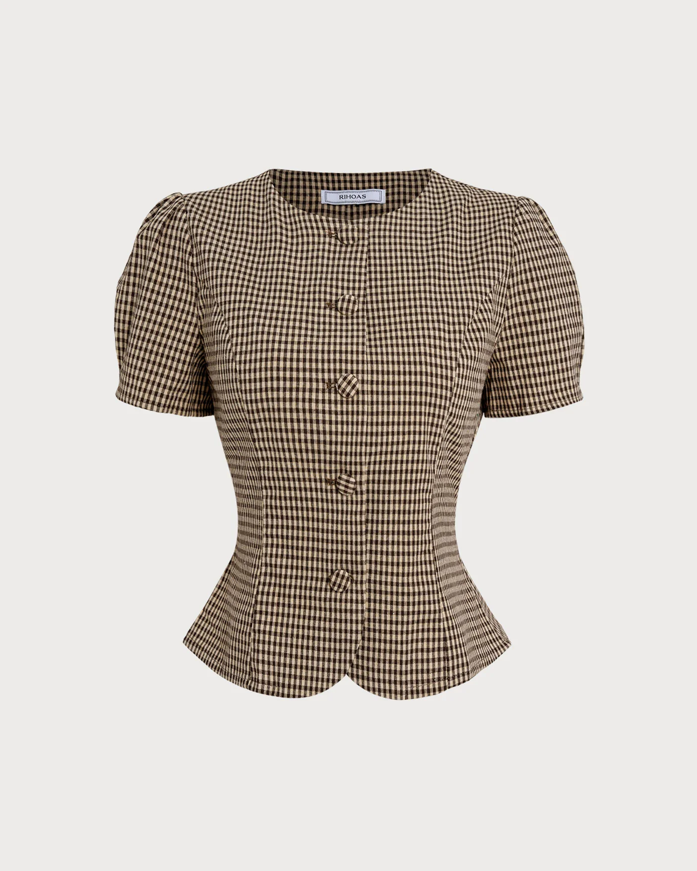 Brown Plaid Puffed Sleeve Blouse - Image 6