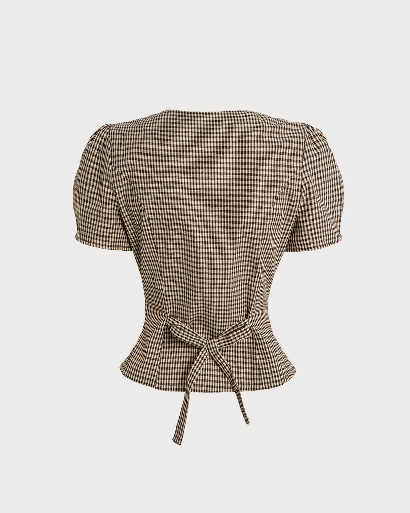 Brown Plaid Puffed Sleeve Blouse - Image 7