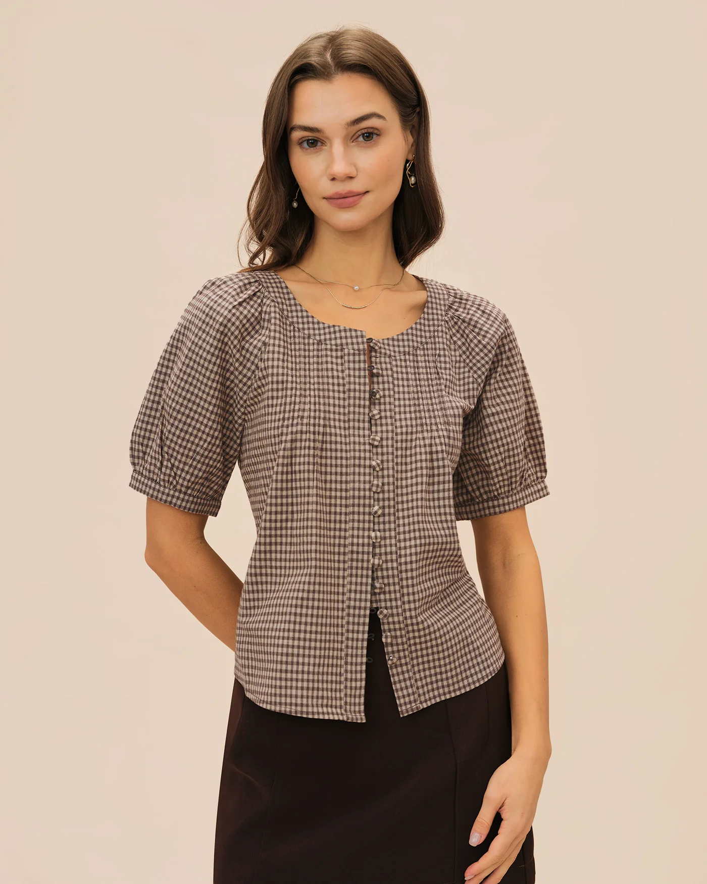 Brown Plaid Raglan Sleeve Blouse