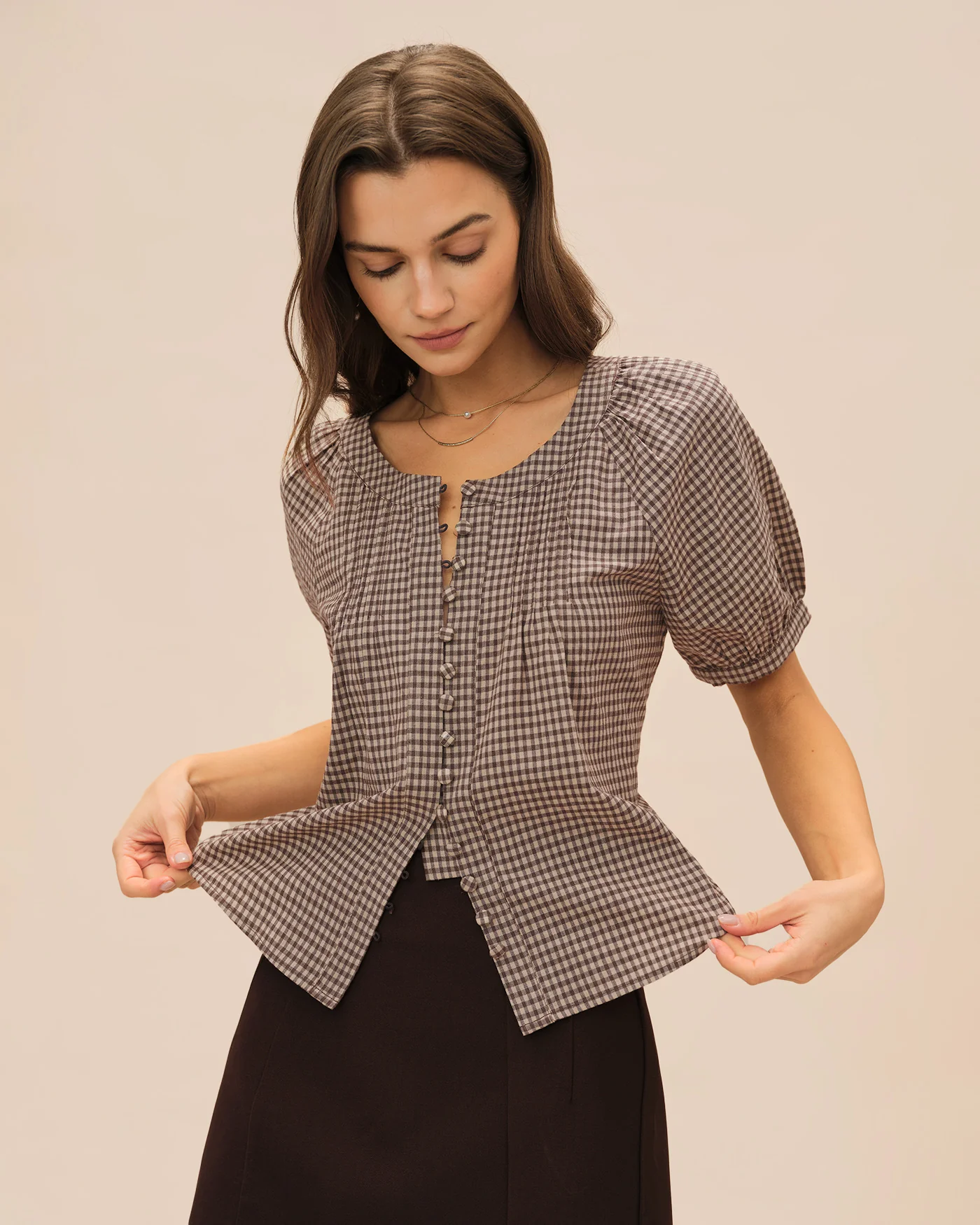 Brown Plaid Raglan Sleeve Blouse - Image 2