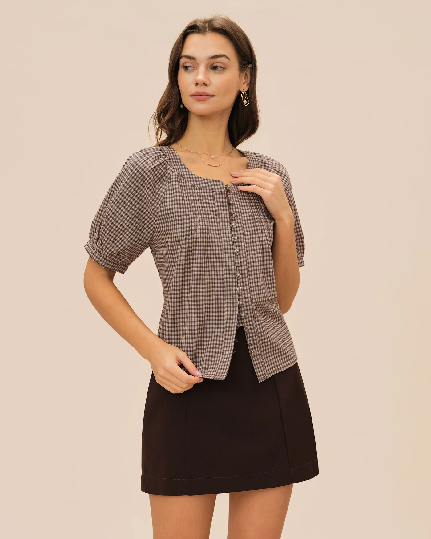 Brown Plaid Raglan Sleeve Blouse - Image 3