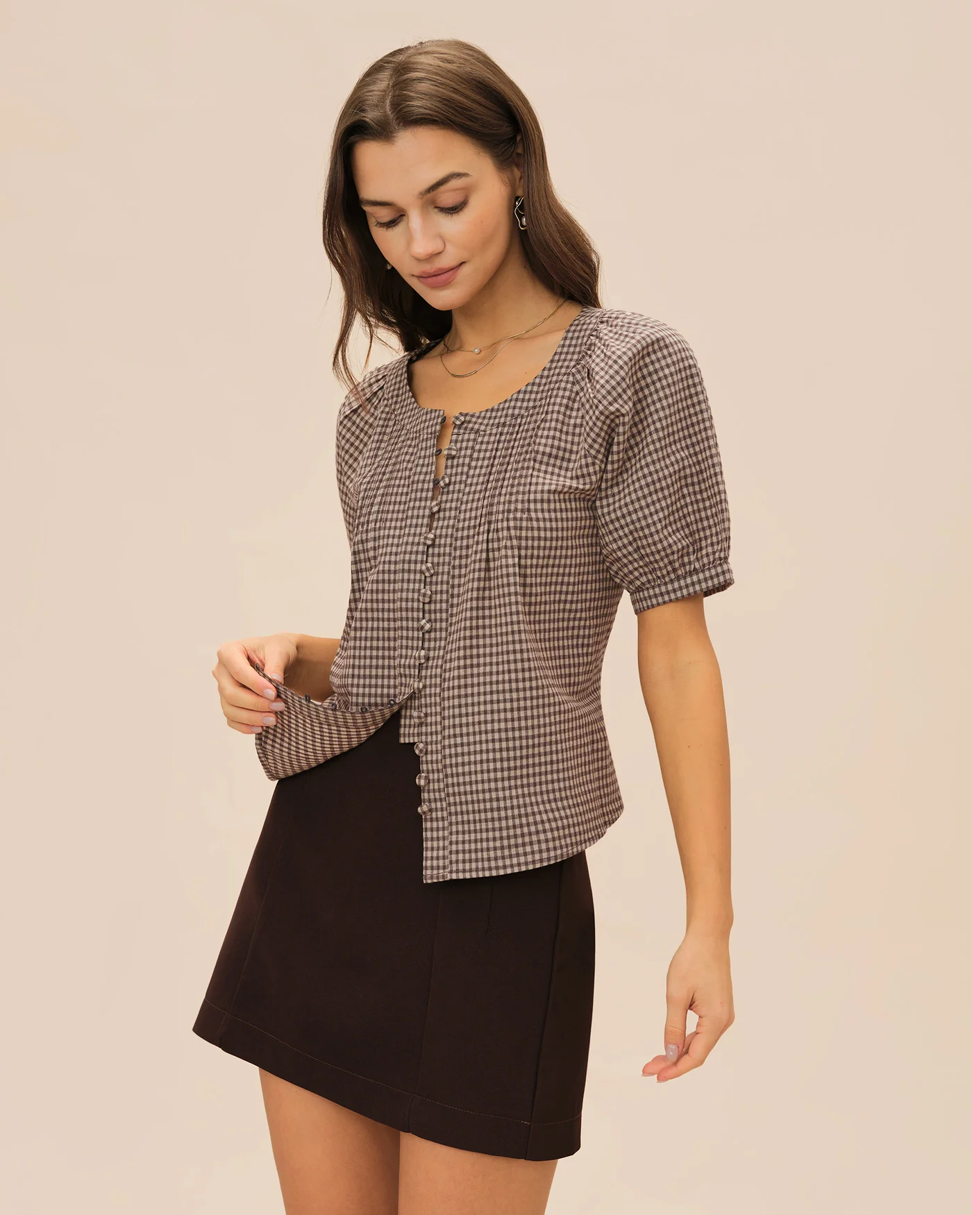 Brown Plaid Raglan Sleeve Blouse - Image 4