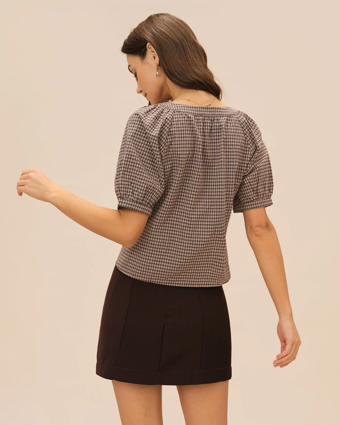 Brown Plaid Raglan Sleeve Blouse - Image 5