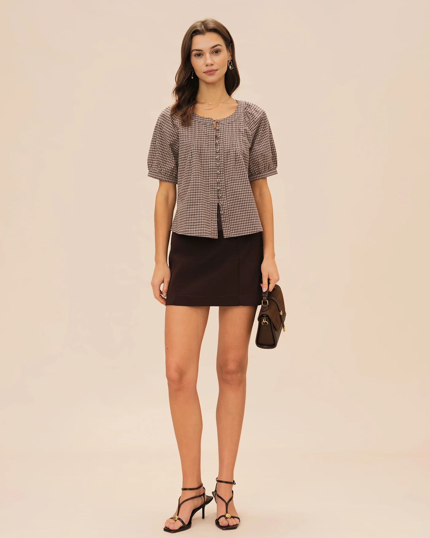 Brown Plaid Raglan Sleeve Blouse - Image 6