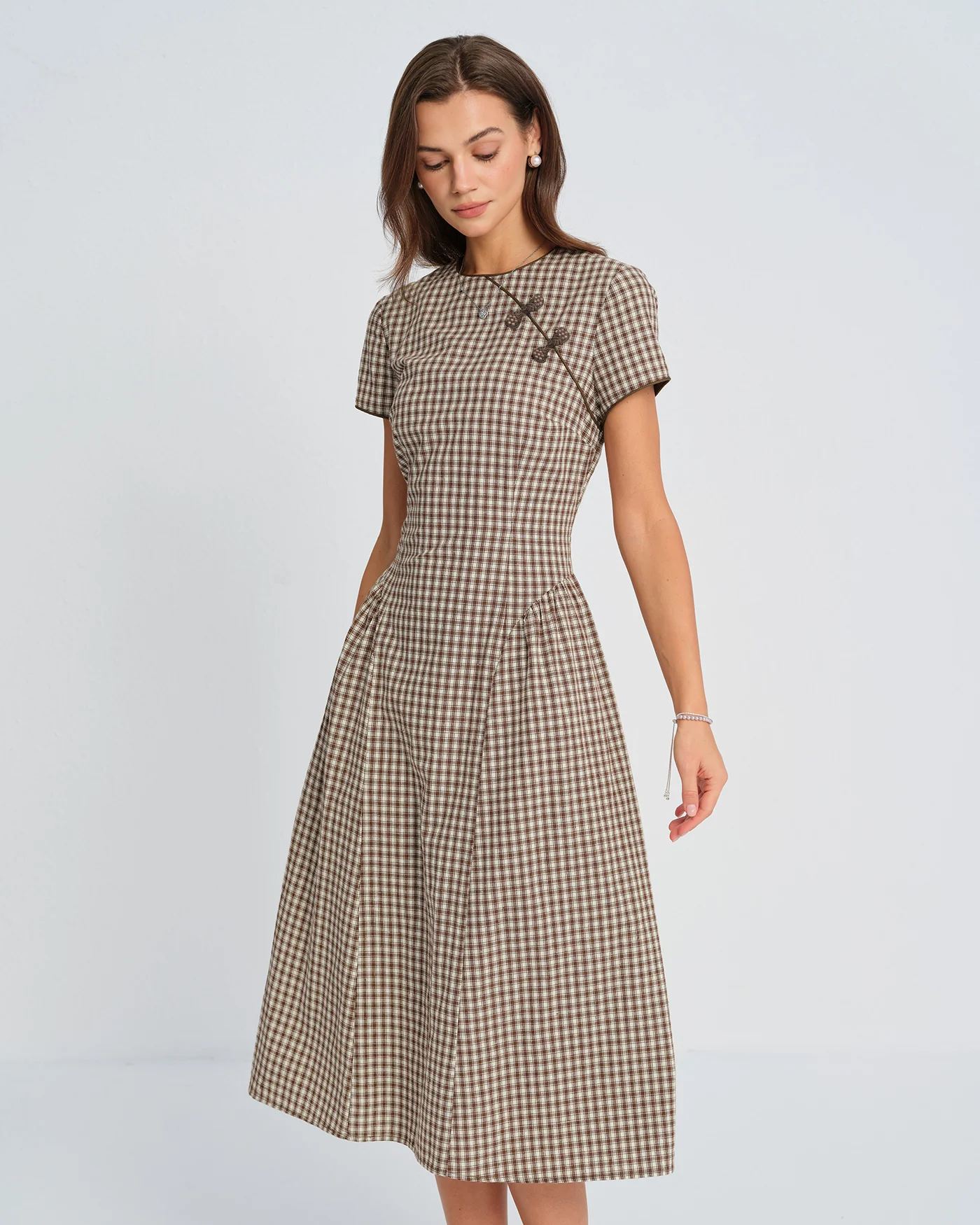 Brown Plaid Round Neck Midi Dress - Image 2