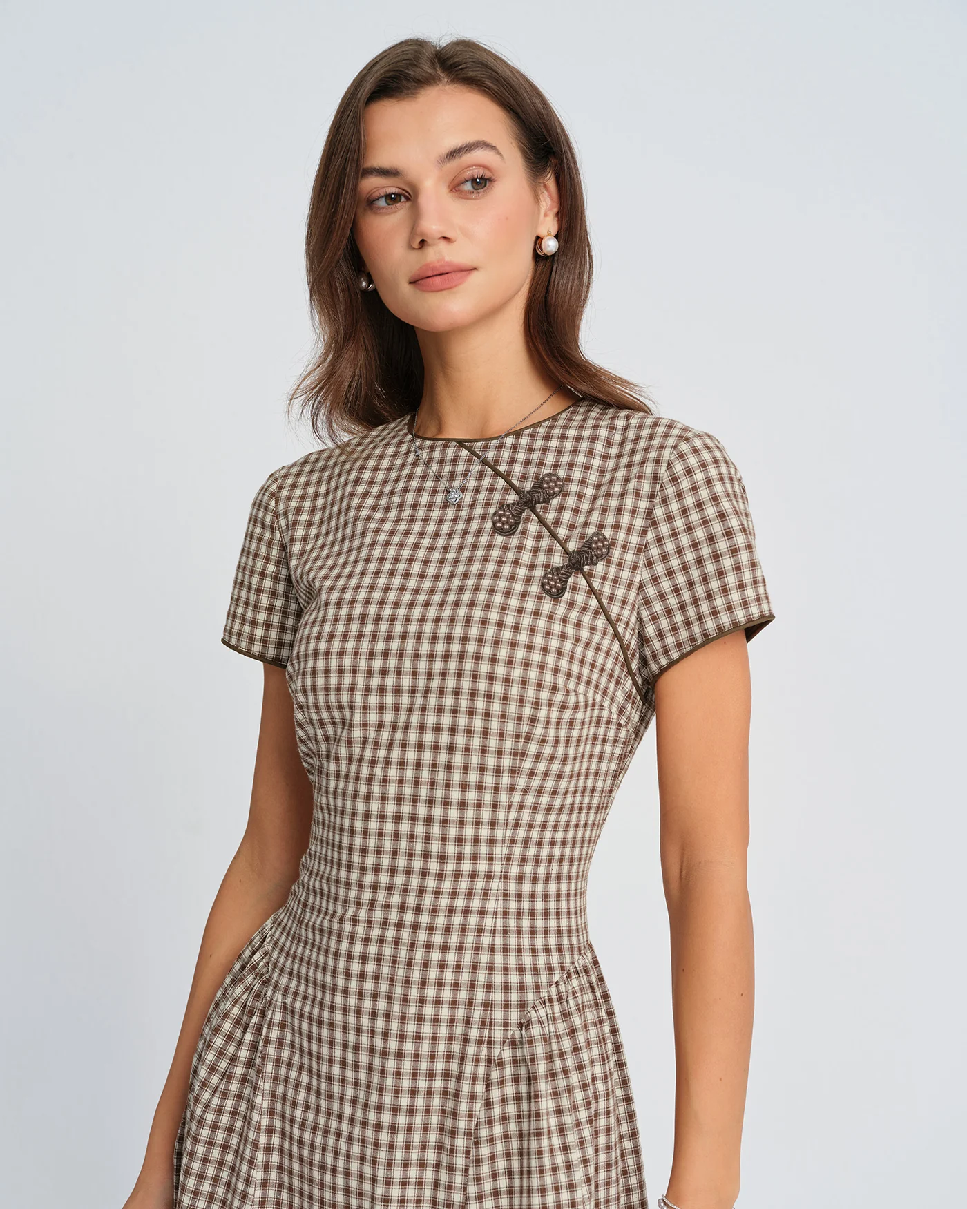 Brown Plaid Round Neck Midi Dress - Image 3