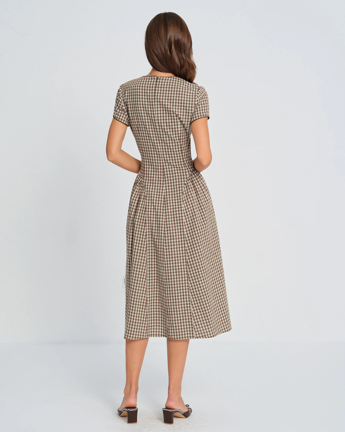 Brown Plaid Round Neck Midi Dress - Image 4