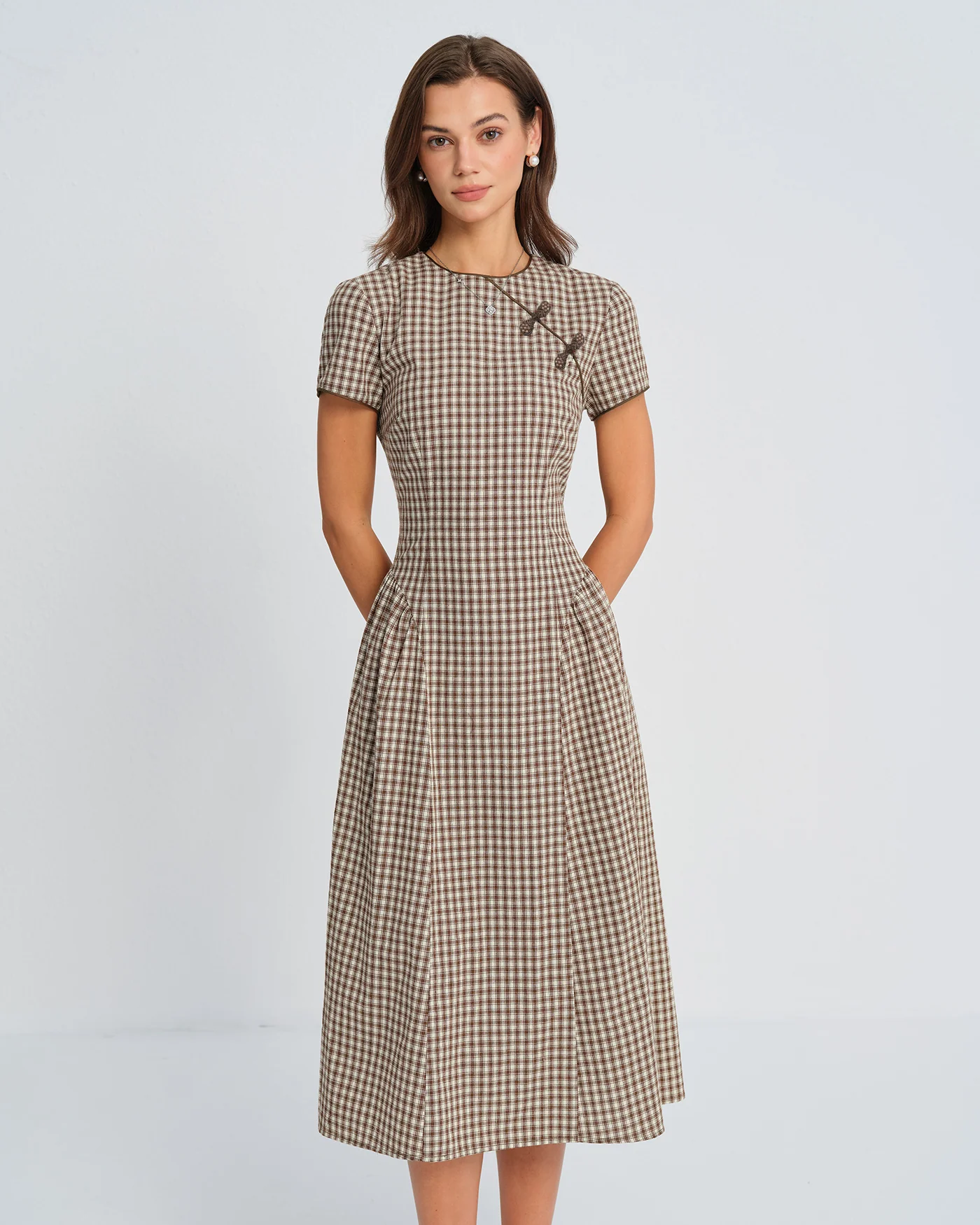 Brown Plaid Round Neck Midi Dress - Image 5
