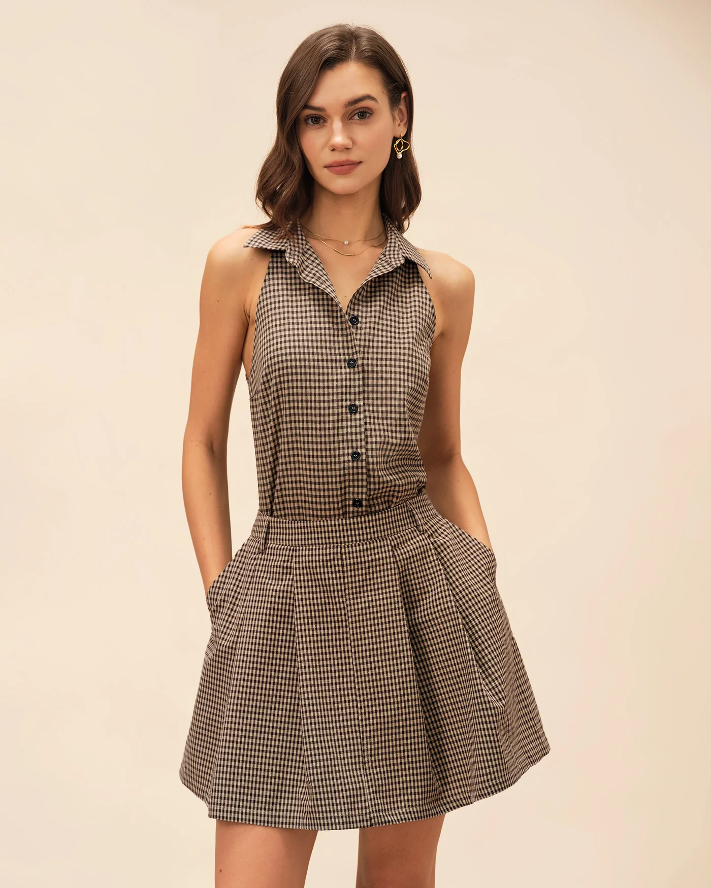 Brown Plaid Ruched Skirt - Image 3