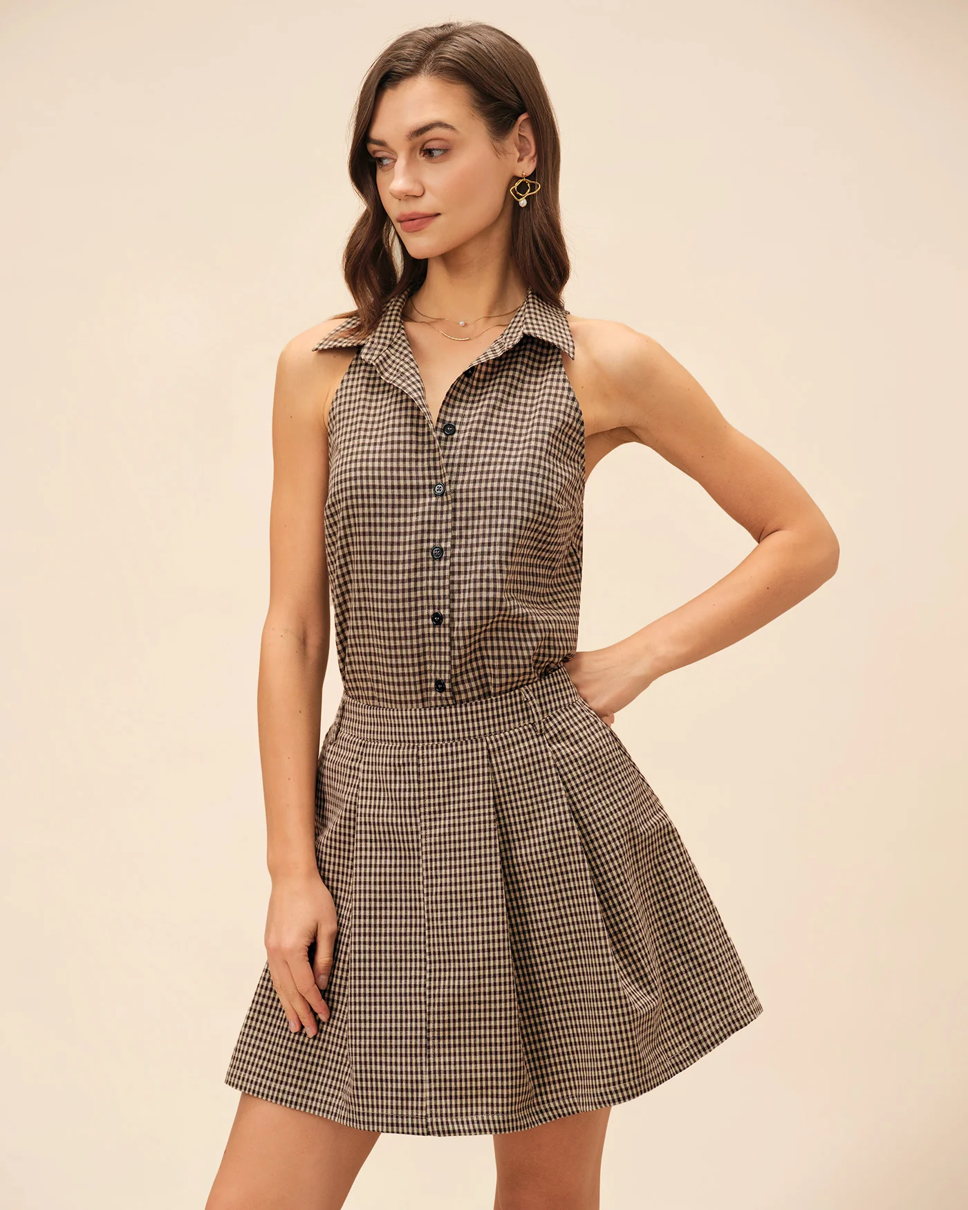 Brown Plaid Ruched Skirt - Image 4