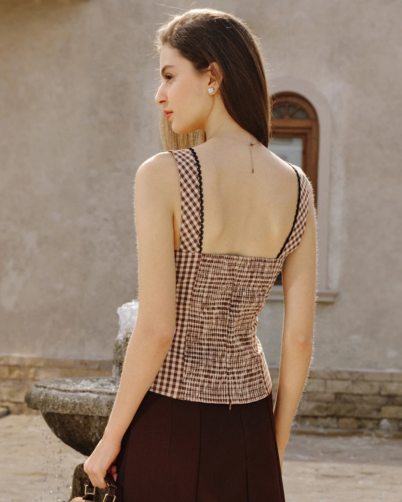 Brown Plaid Shirred Tank Top - Image 4