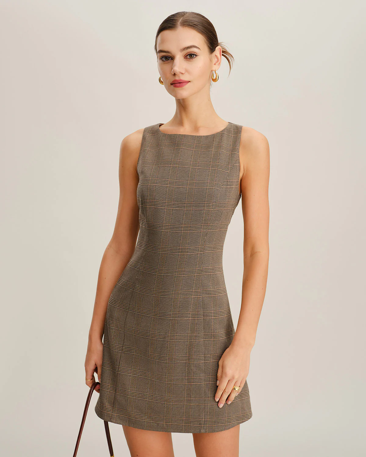 Brown Plaid Sleeveless Mini Dress