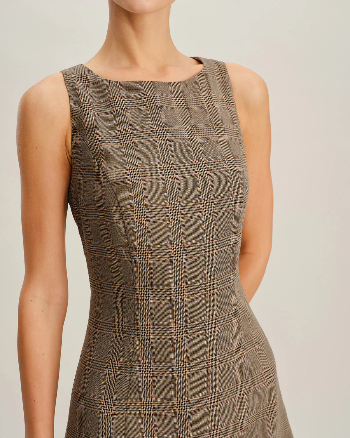 Brown Plaid Sleeveless Mini Dress - Image 2