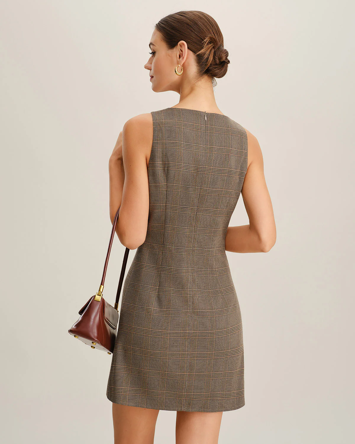 Brown Plaid Sleeveless Mini Dress - Image 4