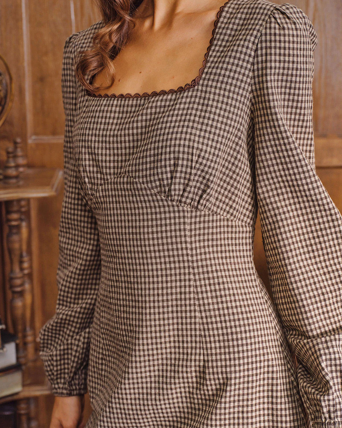Brown Plaid Square Neck A-line Mini Dress - Image 2