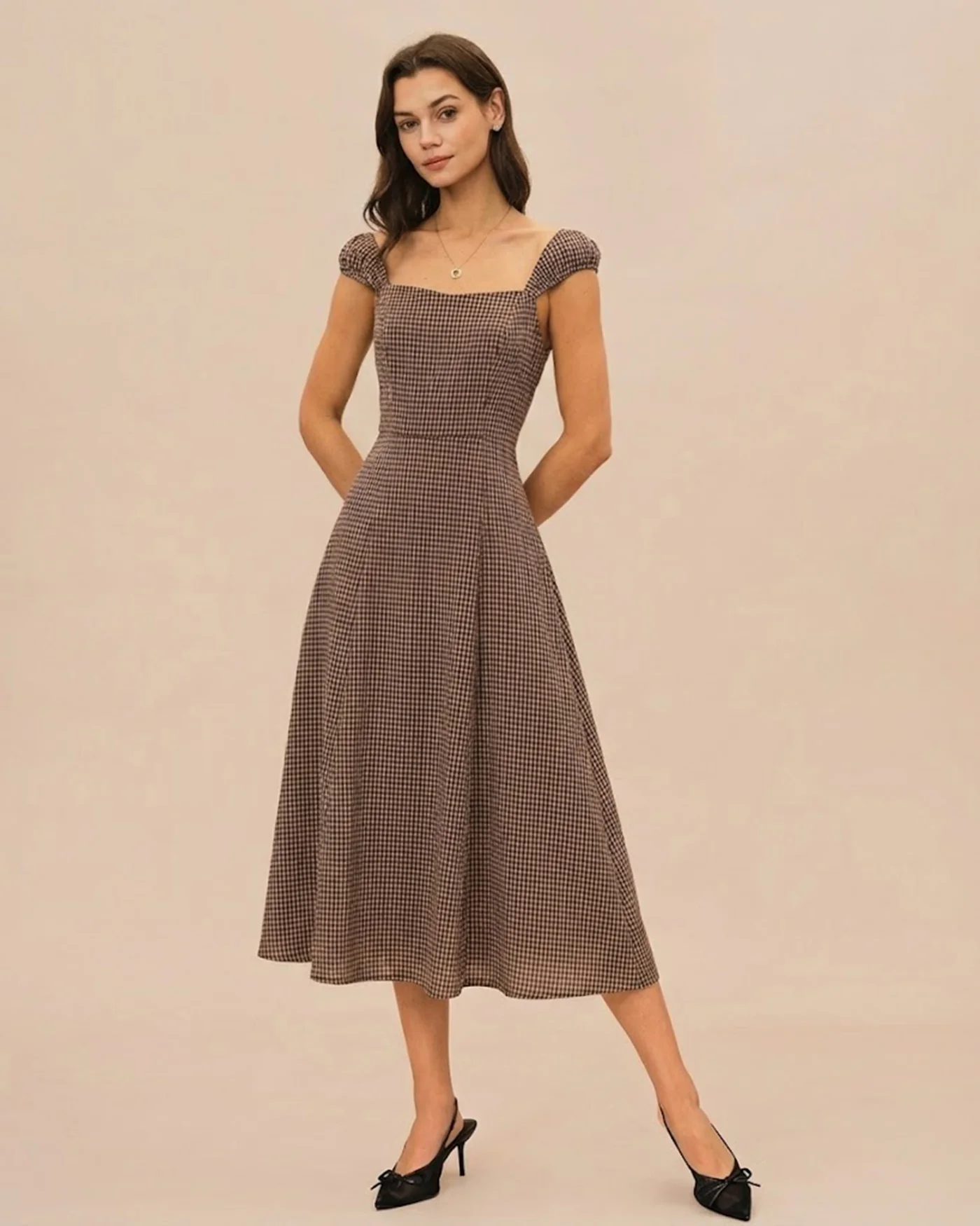 Brown Plaid Sweetheart Neck Midi Dress