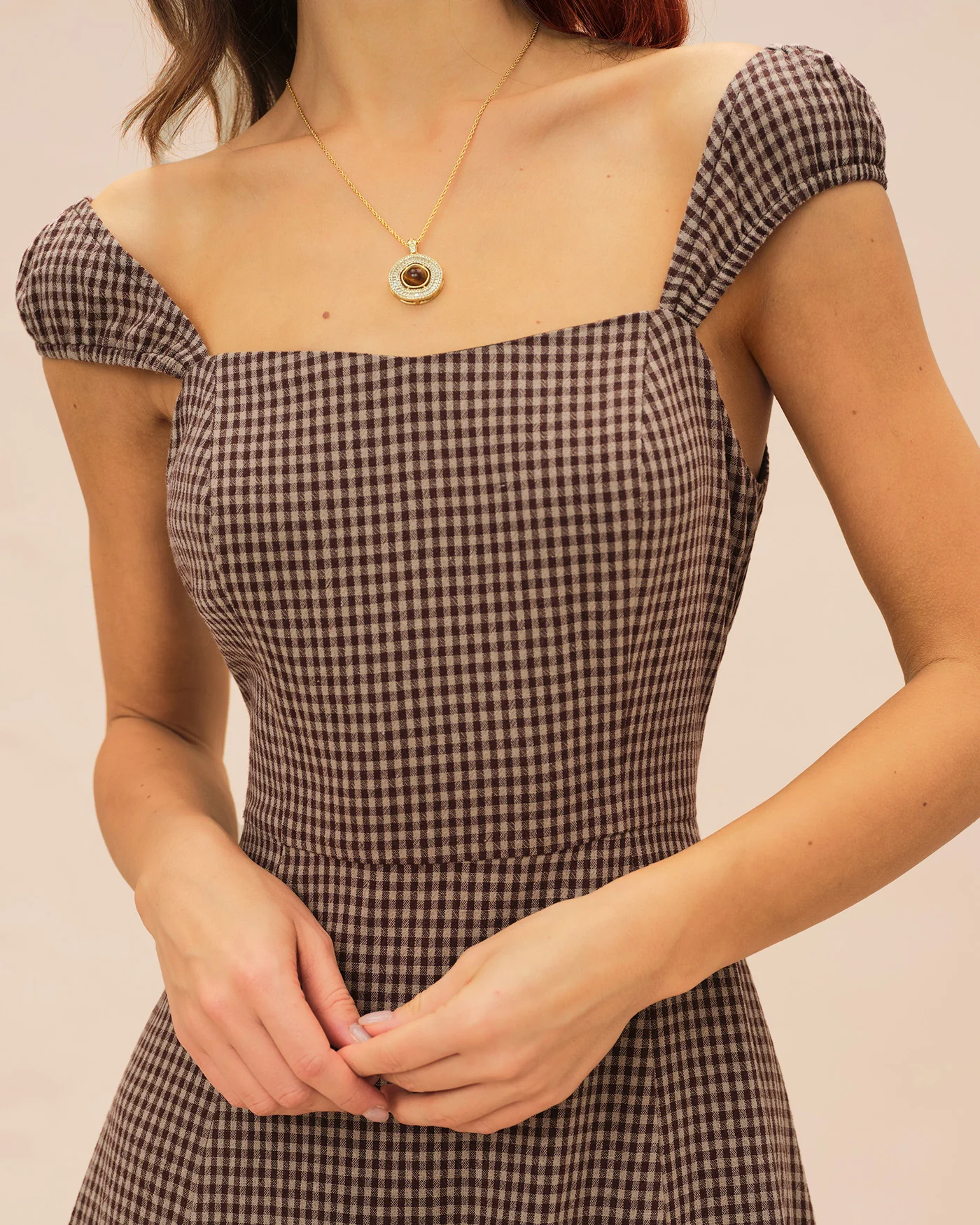 Brown Plaid Sweetheart Neck Midi Dress - Image 2