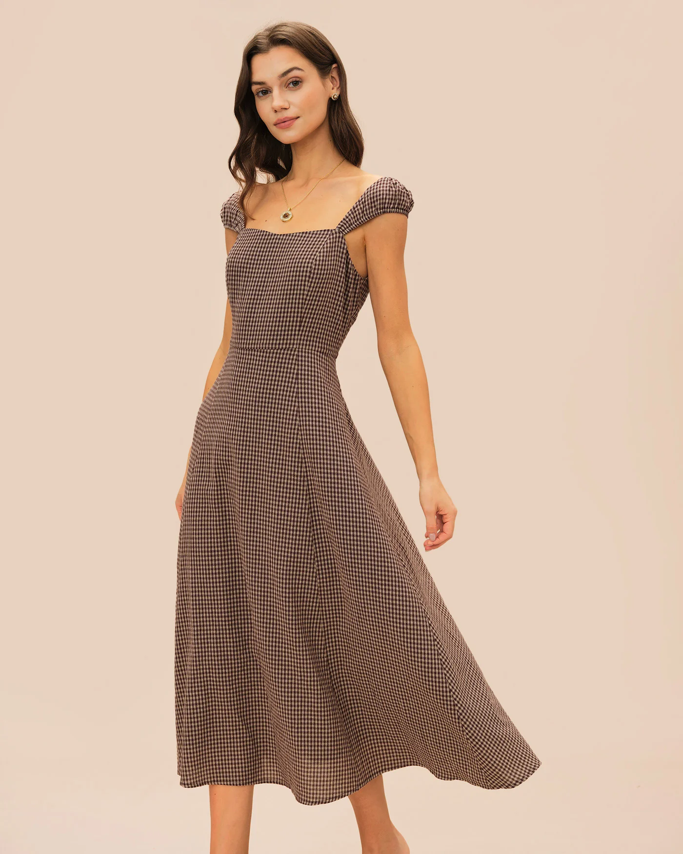 Brown Plaid Sweetheart Neck Midi Dress - Image 3