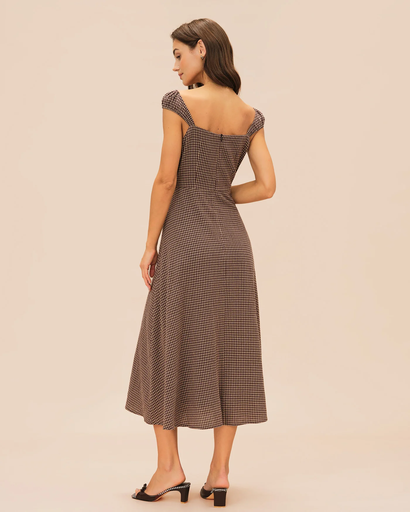 Brown Plaid Sweetheart Neck Midi Dress - Image 4