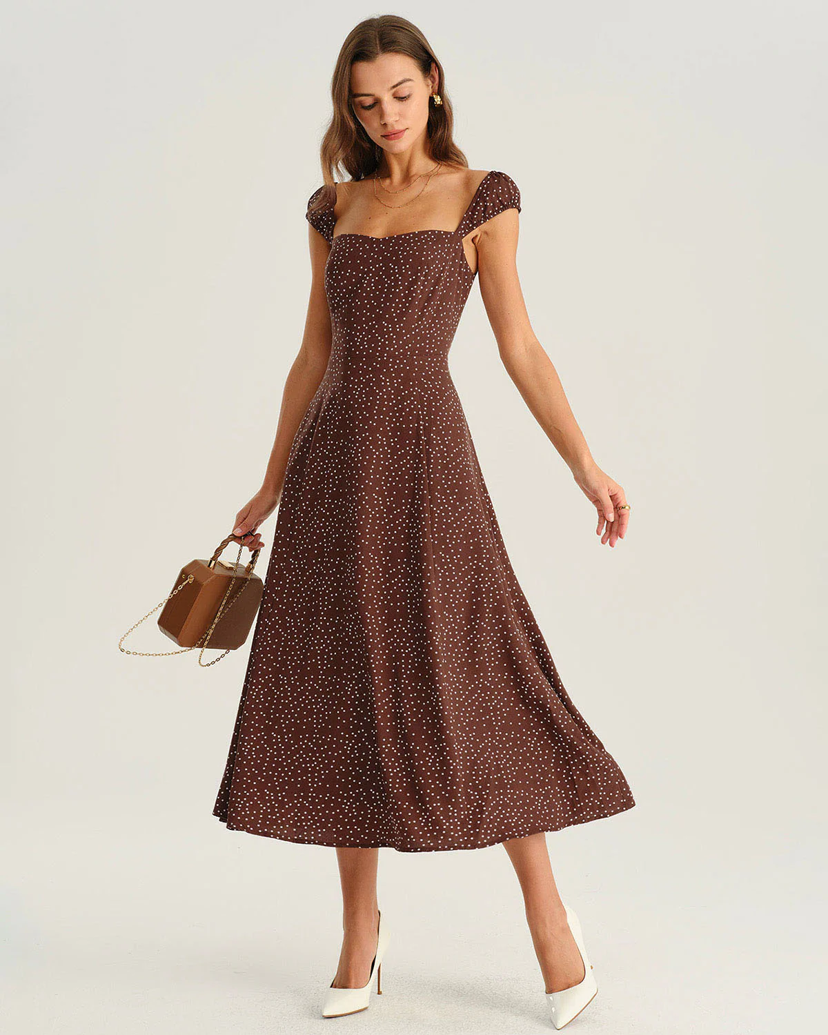 Brown Polka Dot Cap Sleeve Midi Dress - Image 4
