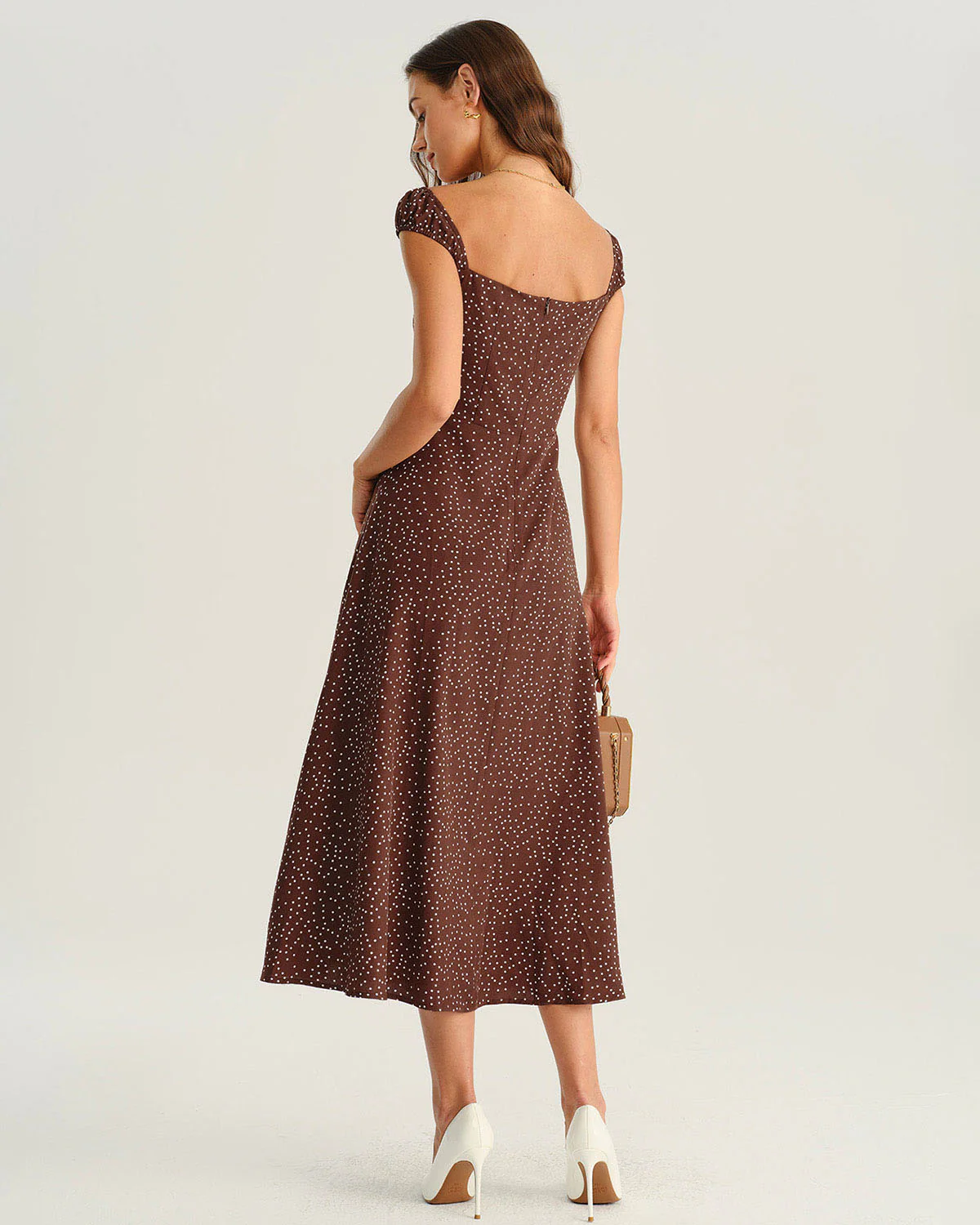 Brown Polka Dot Cap Sleeve Midi Dress - Image 5