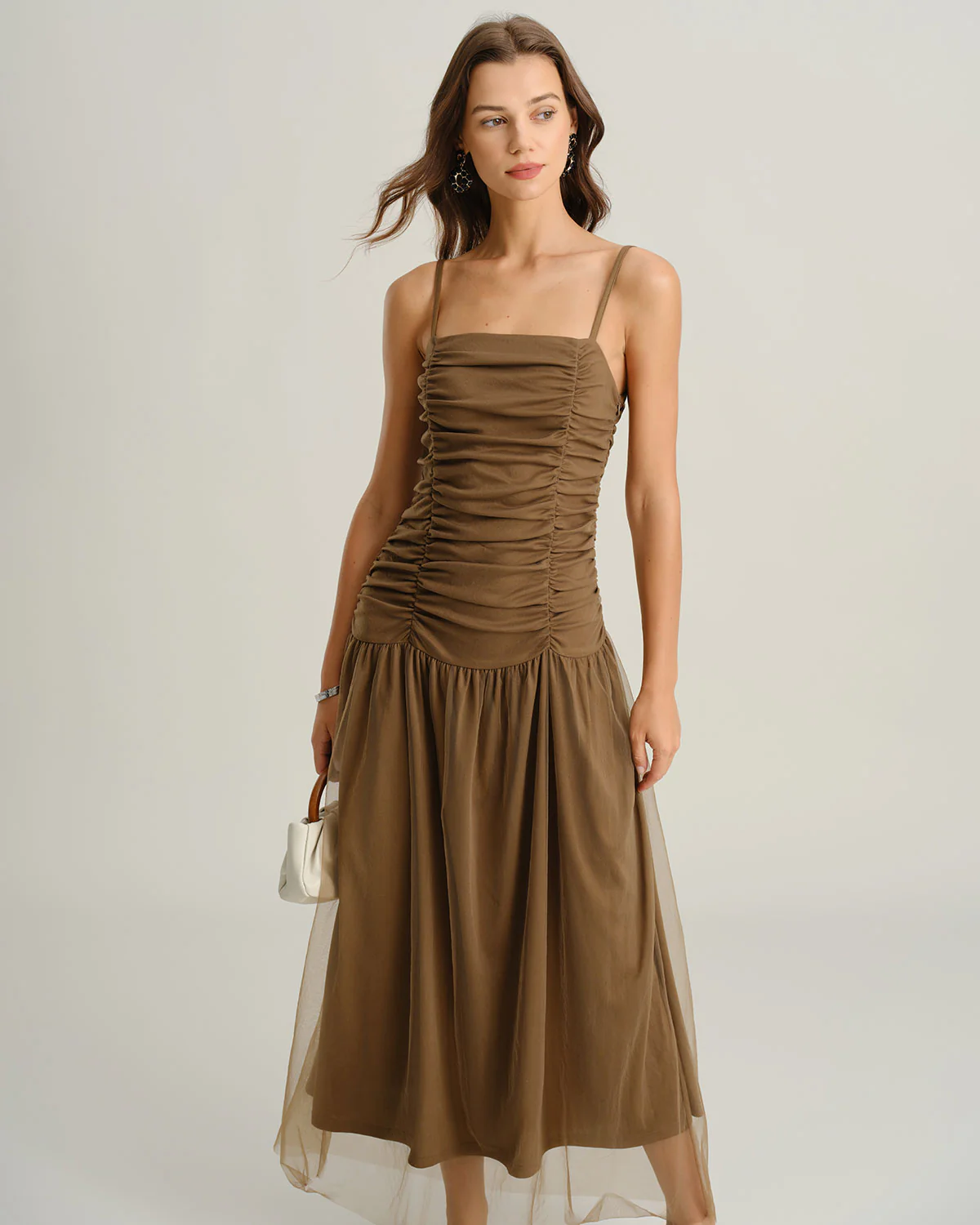 Brown Ruched Mesh Slip Maxi Dress