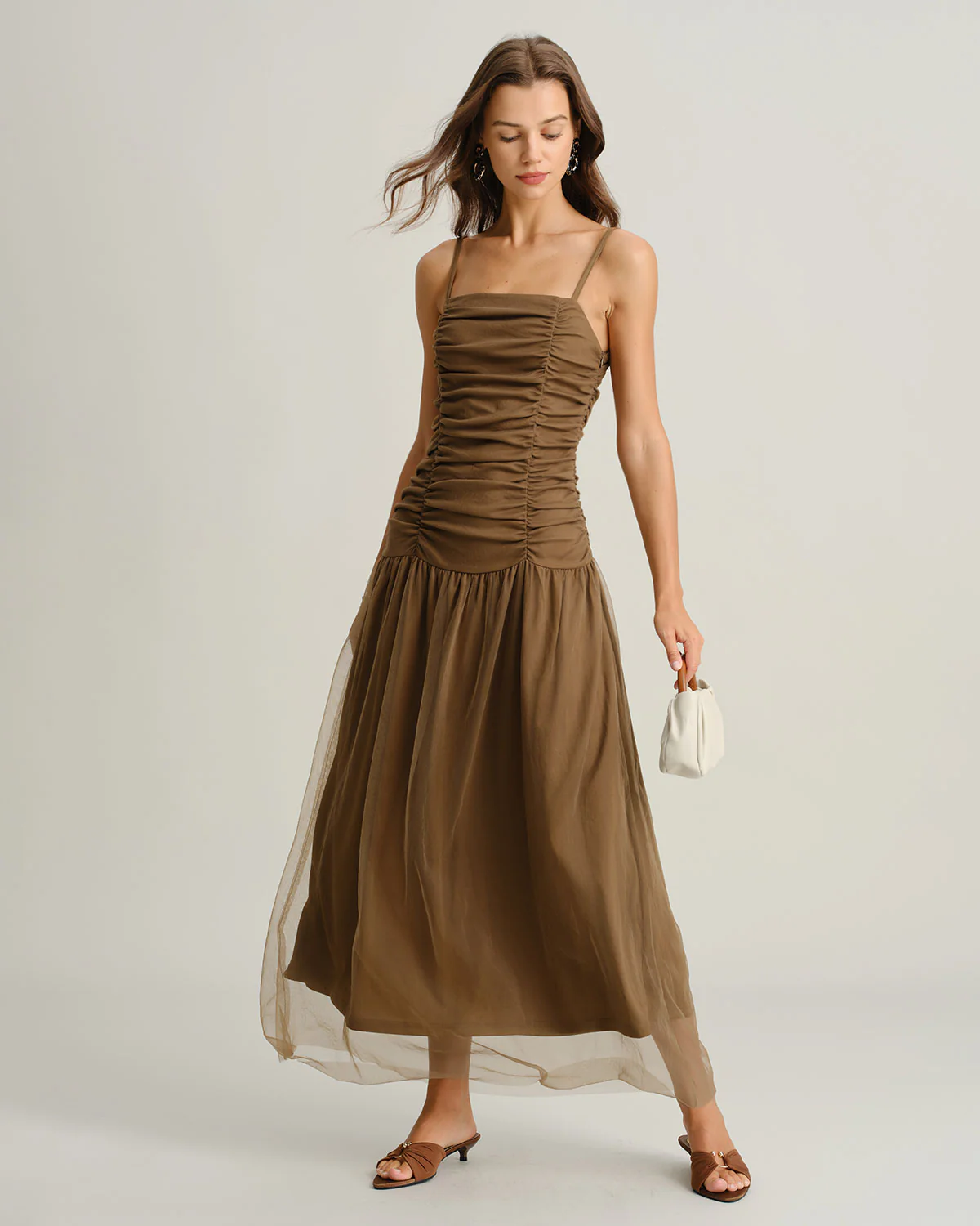Brown Ruched Mesh Slip Maxi Dress - Image 3