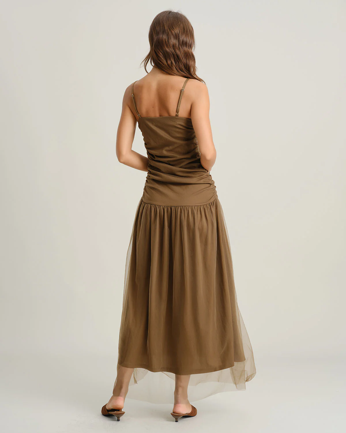Brown Ruched Mesh Slip Maxi Dress - Image 4