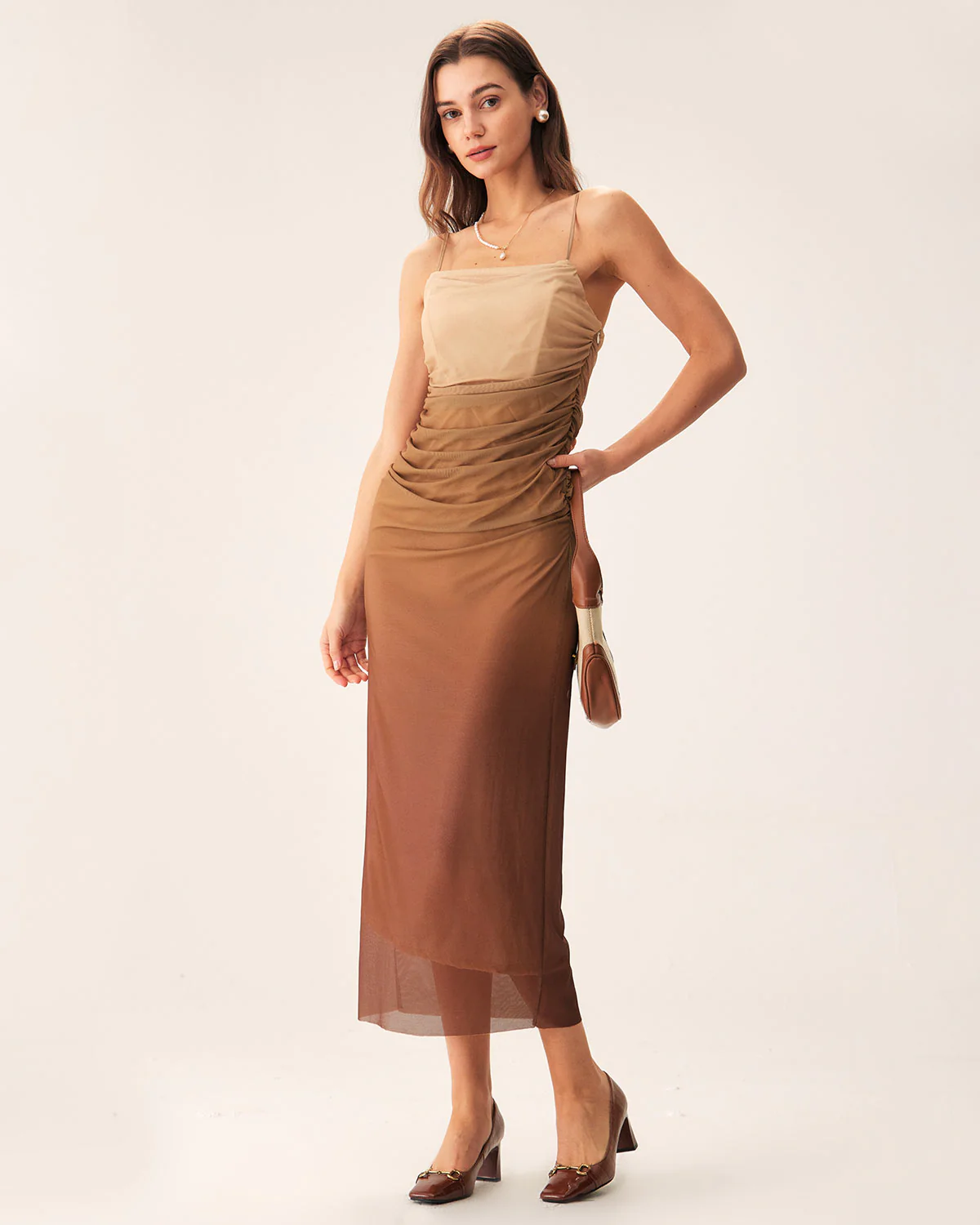 Brown Ruched Mesh Slip Midi Dress - Image 3