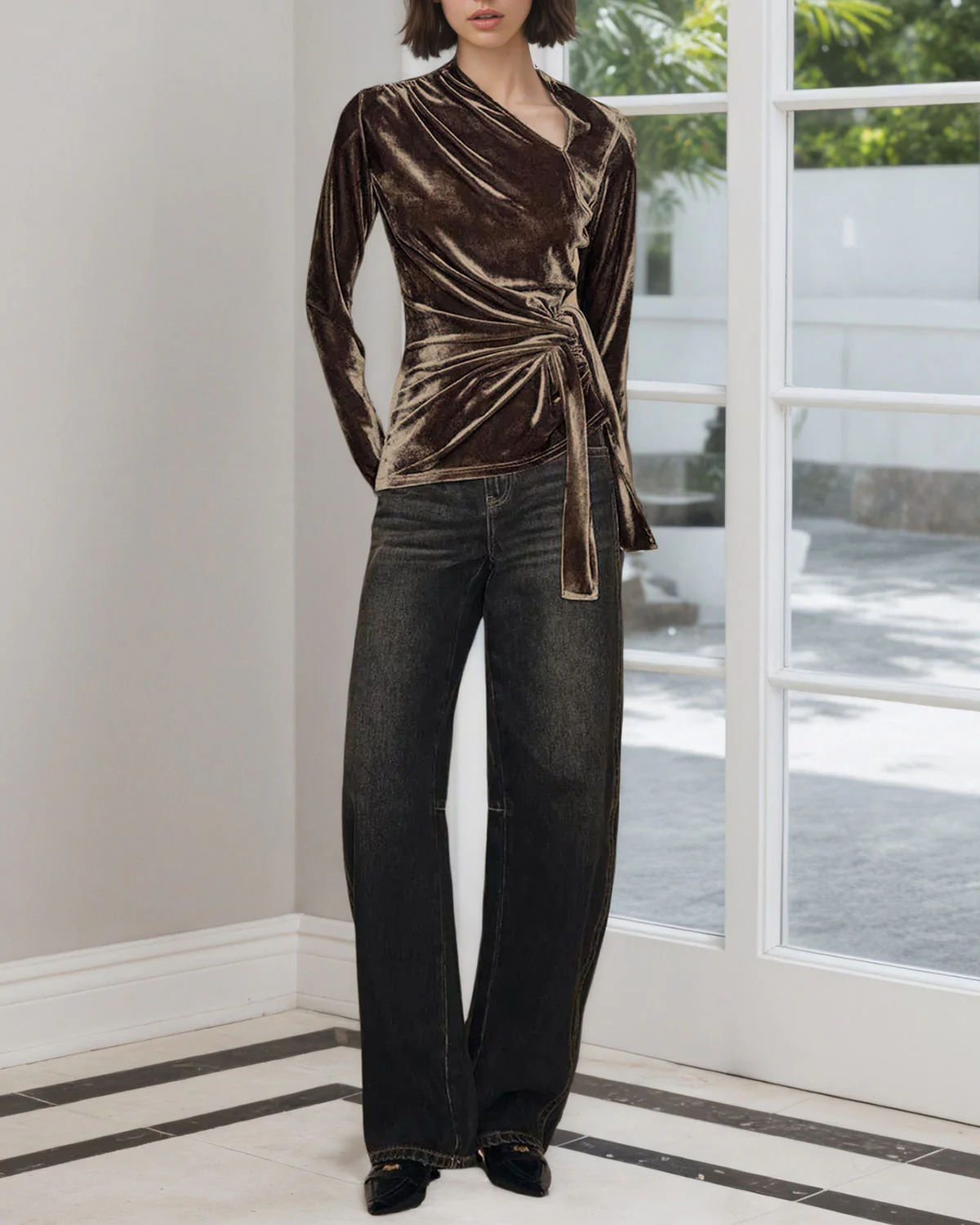 Brown Ruched Velour Tee - Image 3