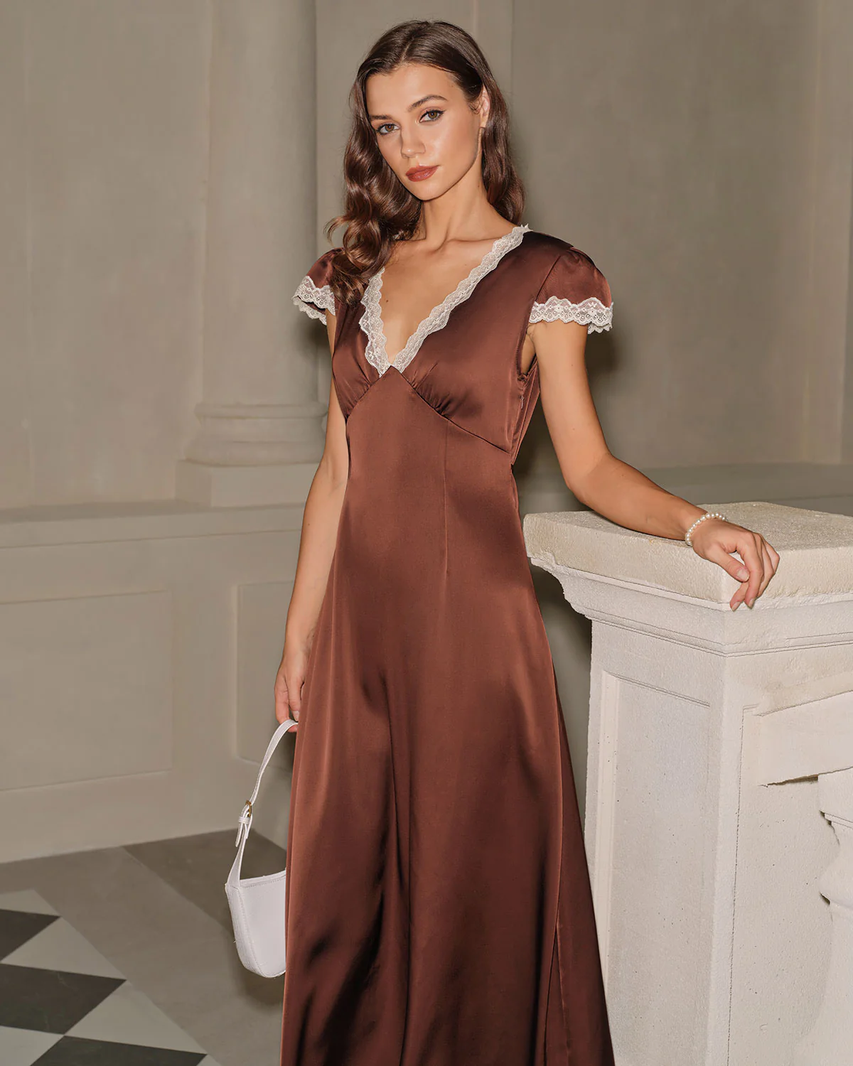 Brown Satin V Neck Lace Maxi Dress - Image 2