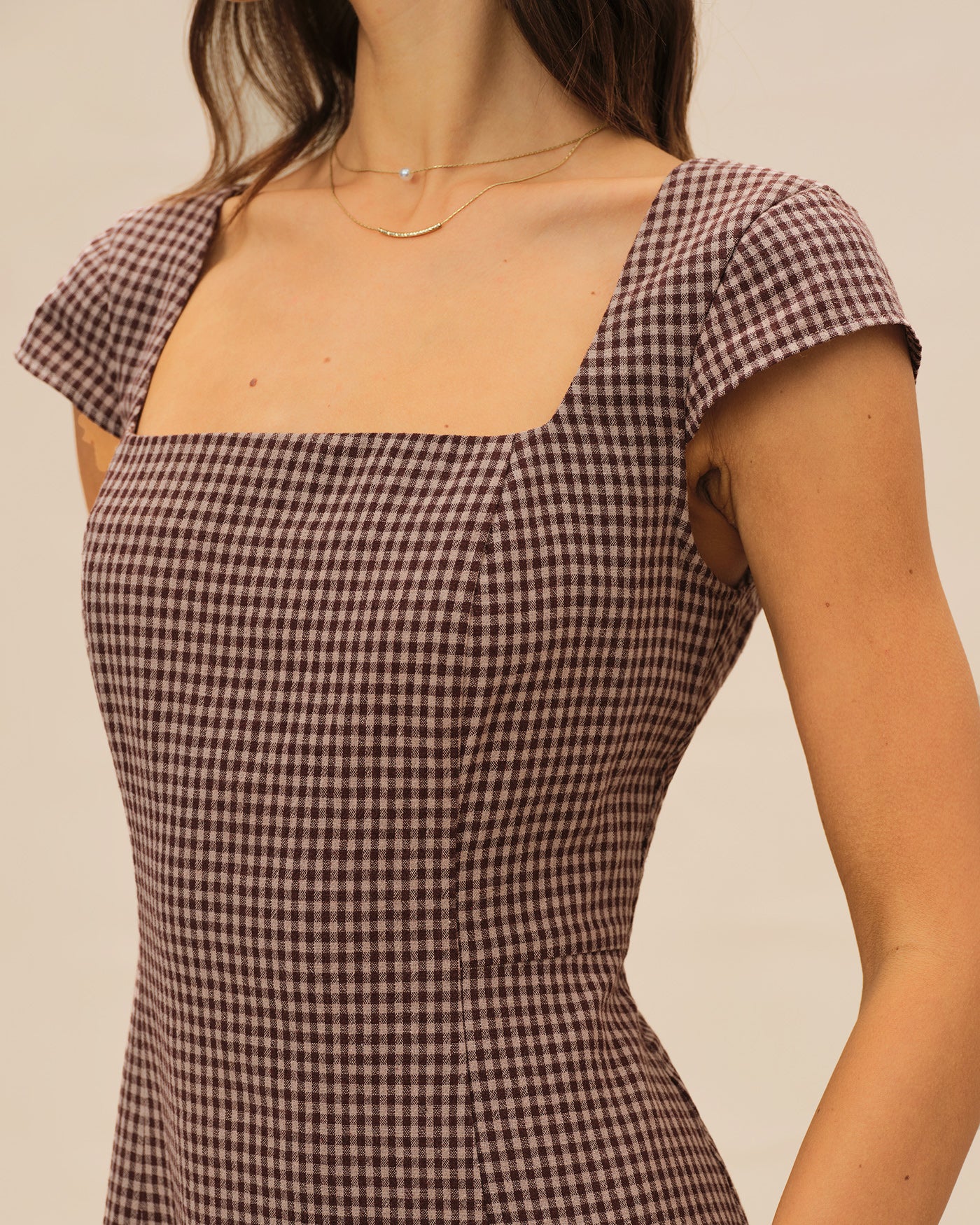 Brown Square Neck Plaid Mini Dress - Image 2