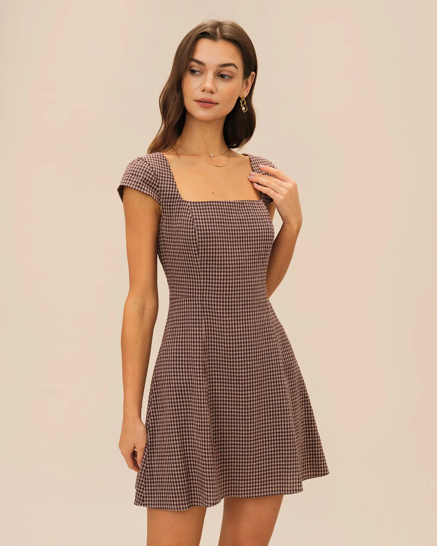 Brown Square Neck Plaid Mini Dress - Image 3