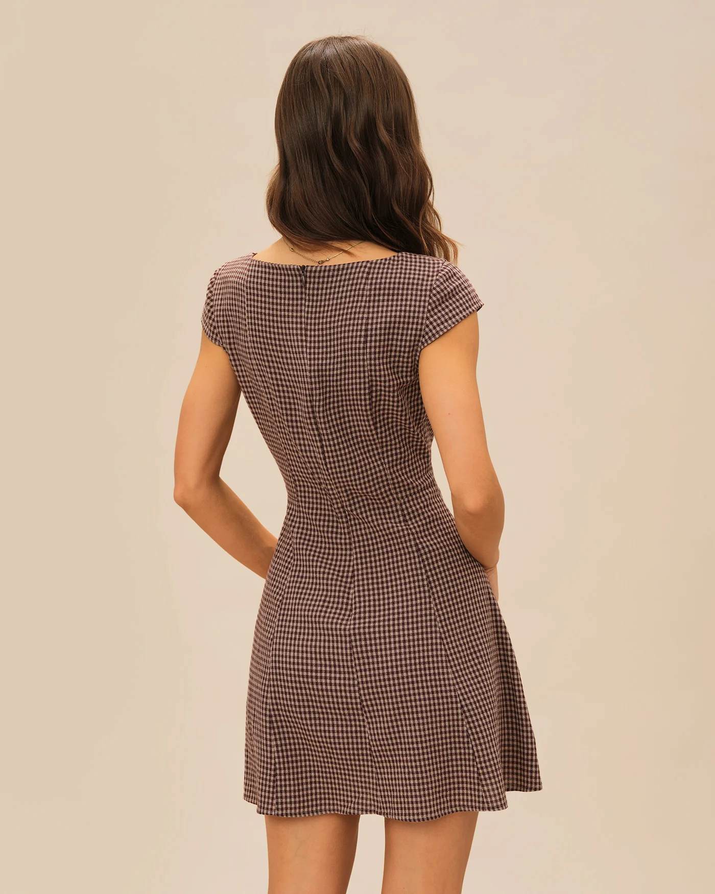 Brown Square Neck Plaid Mini Dress - Image 4