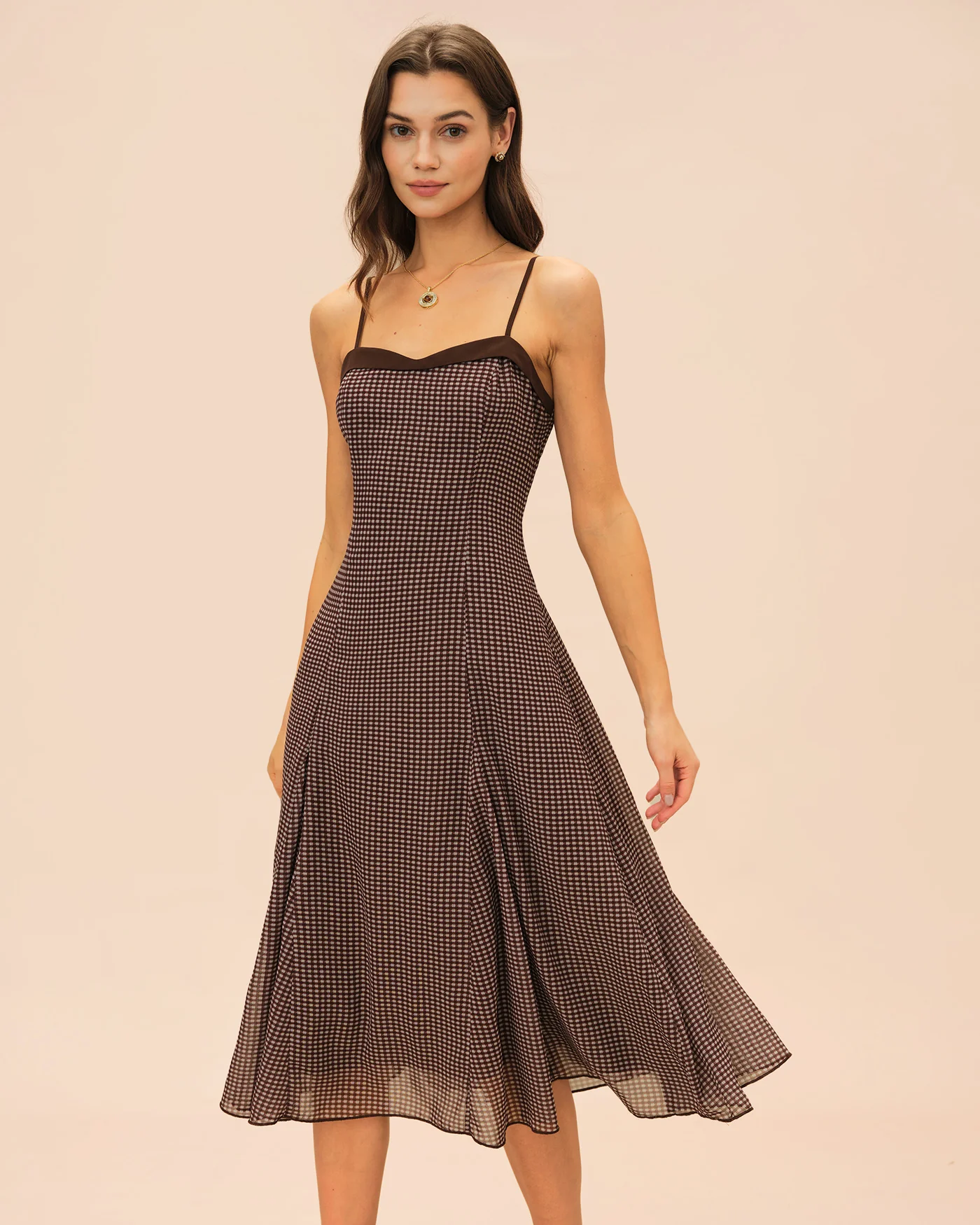 Brown Sweetheart Neck Plaid Slip Midi Dress