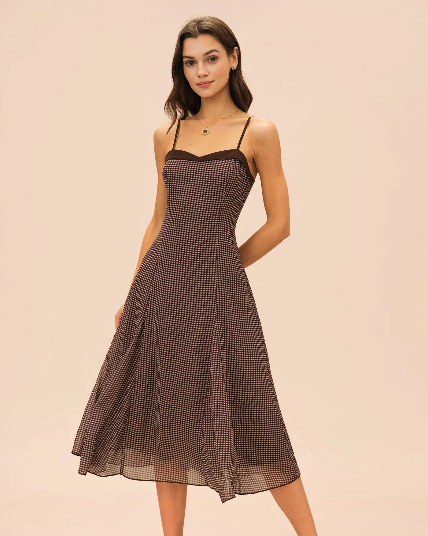 Brown Sweetheart Neck Plaid Slip Midi Dress - Image 3