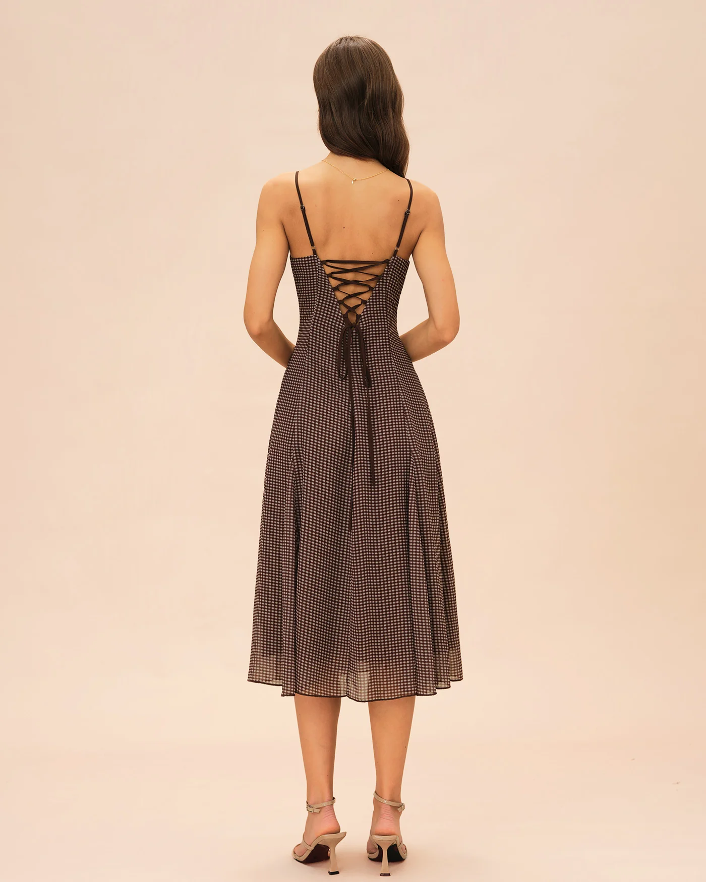Brown Sweetheart Neck Plaid Slip Midi Dress - Image 4