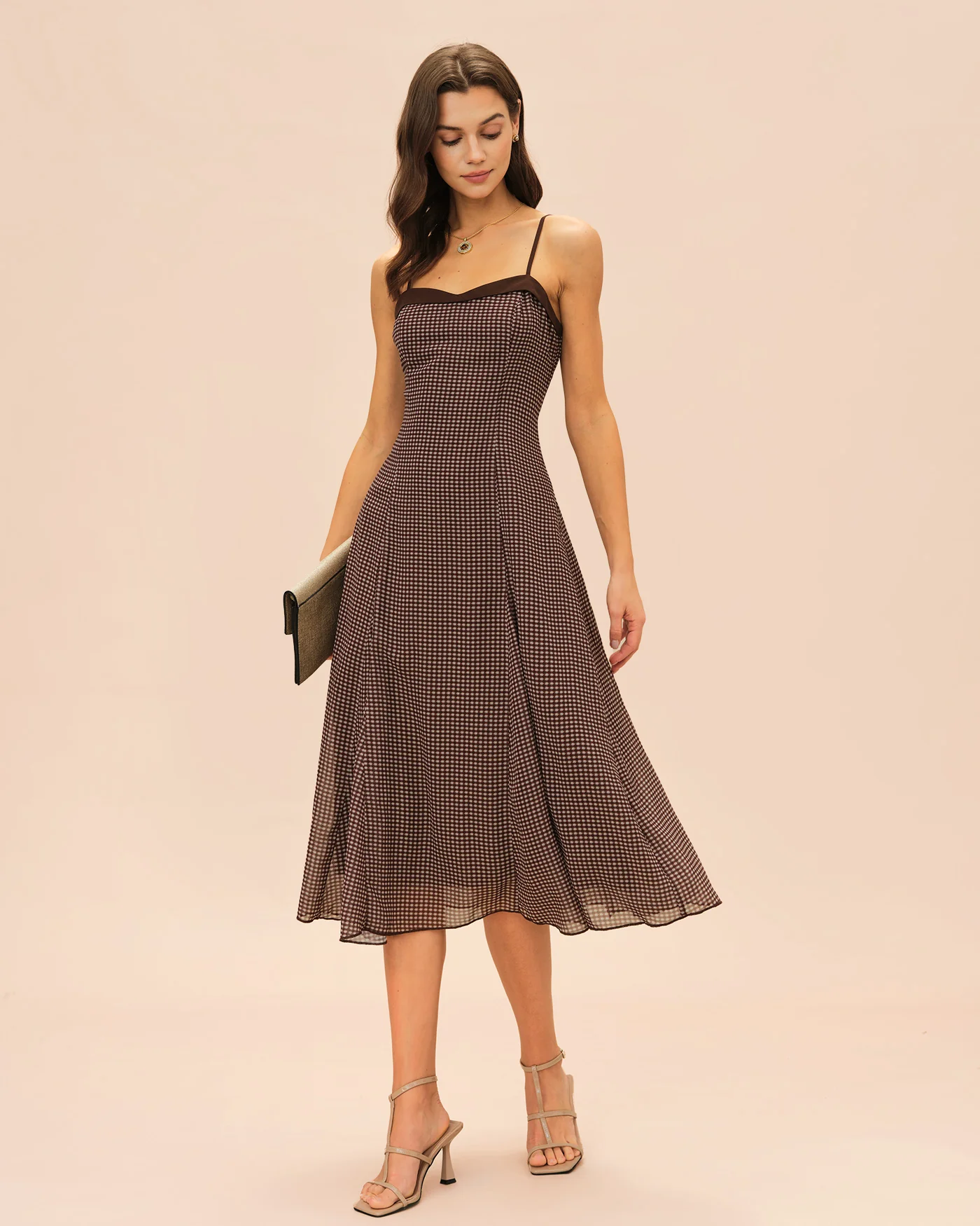 Brown Sweetheart Neck Plaid Slip Midi Dress - Image 5