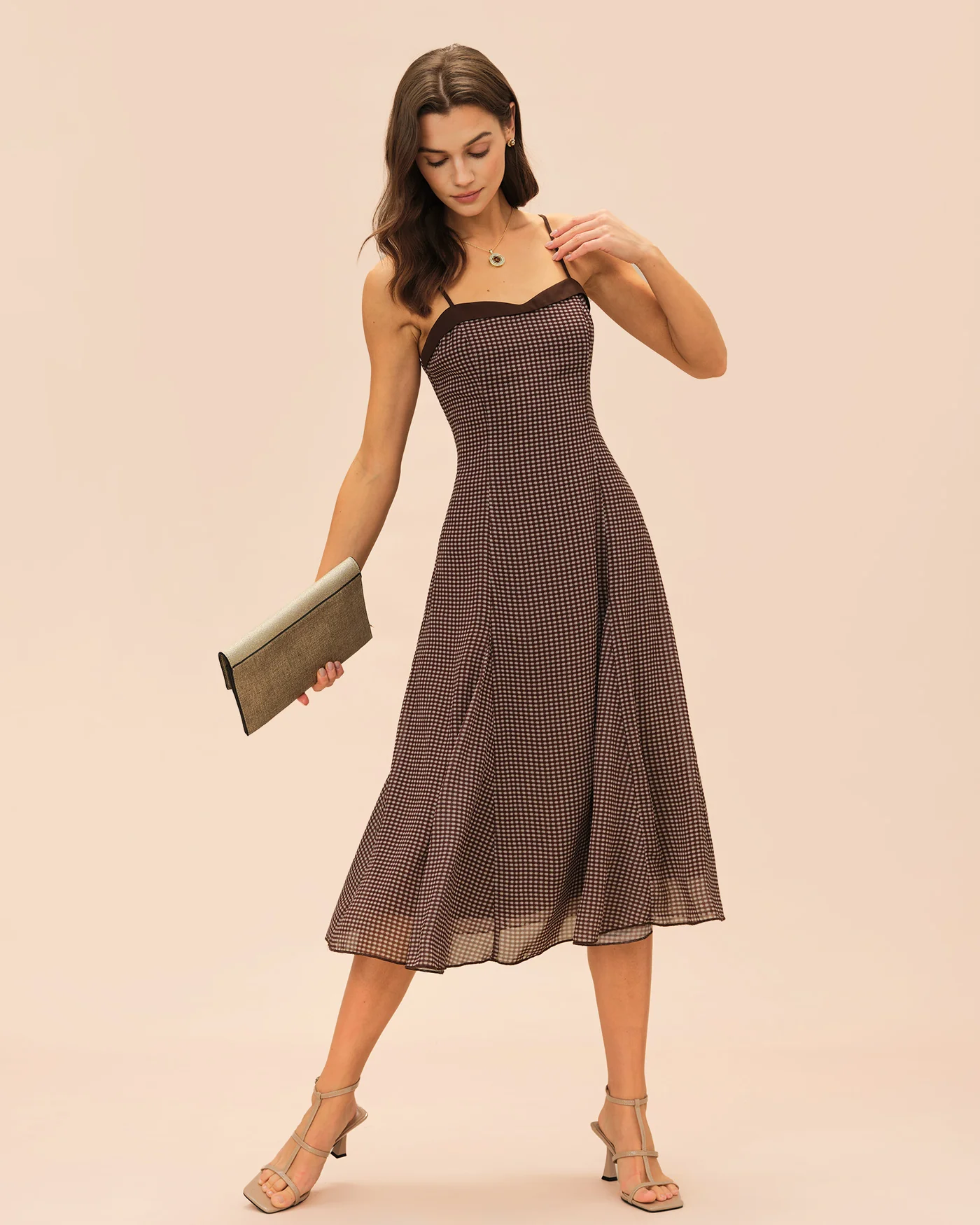 Brown Sweetheart Neck Plaid Slip Midi Dress - Image 6