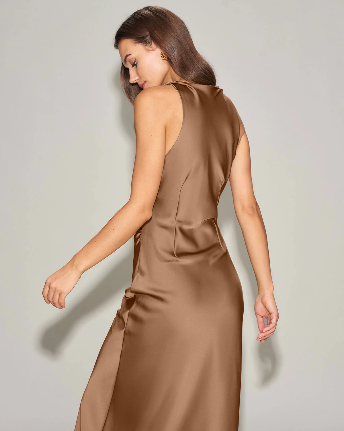 Coffee Satin Boat Neck Slip Midi Dress - Image 3
