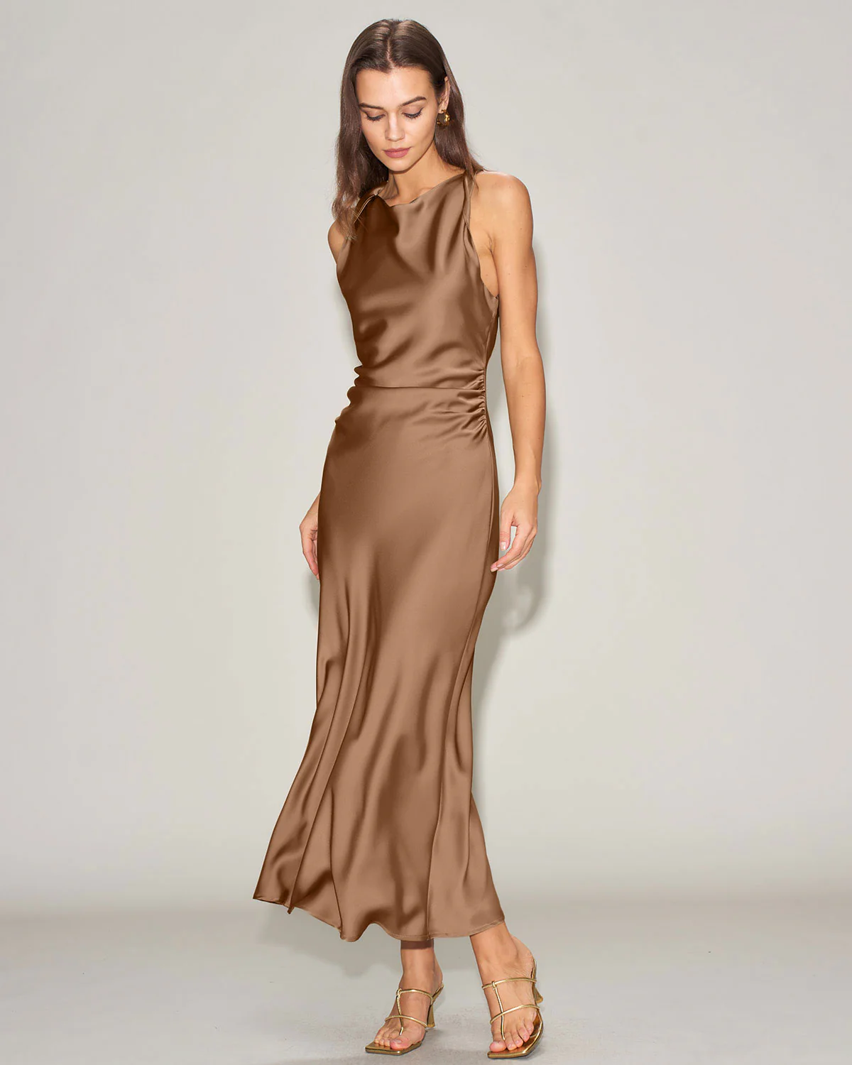 Coffee Satin Boat Neck Slip Midi Dress - Image 4
