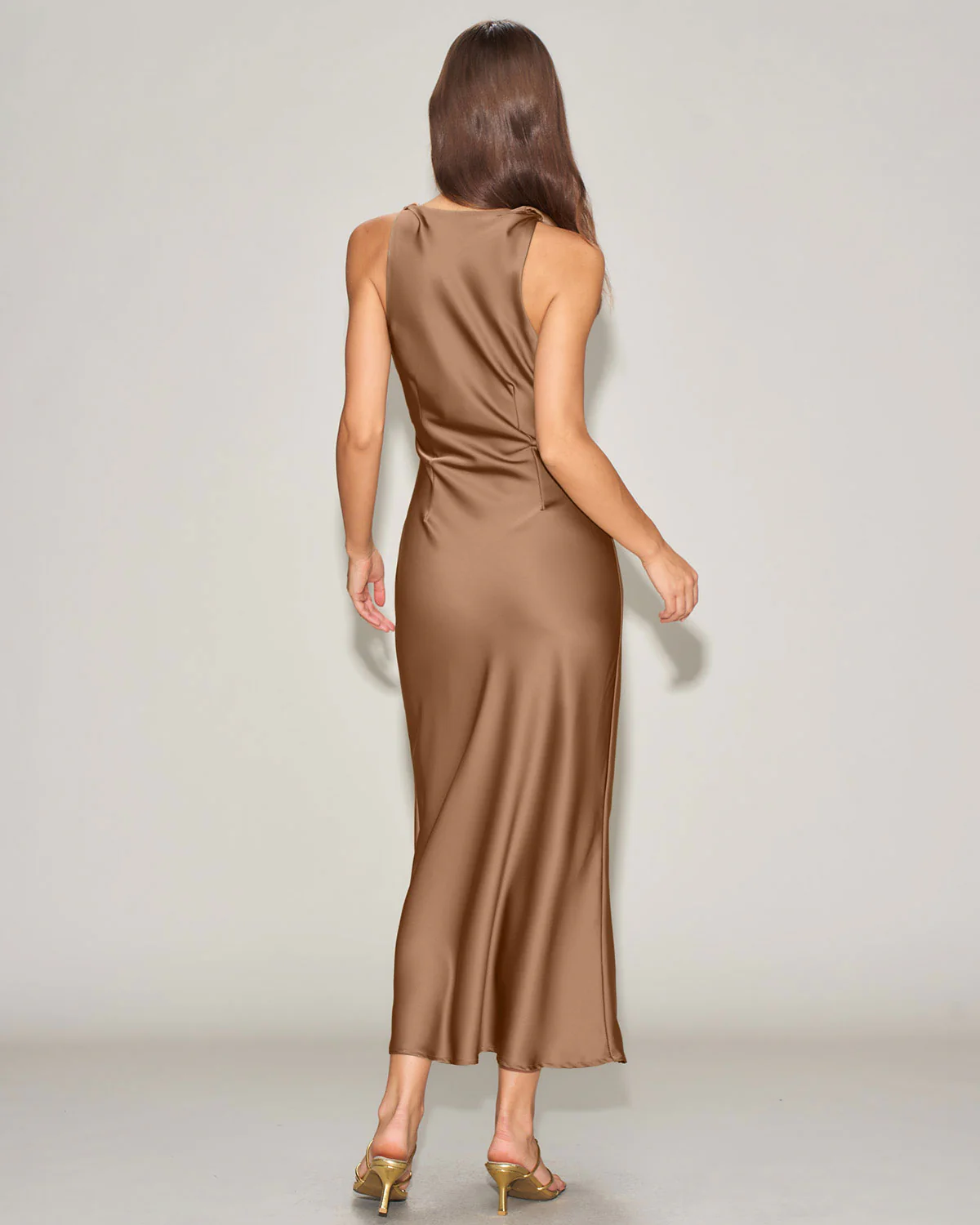 Coffee Satin Boat Neck Slip Midi Dress - Image 5