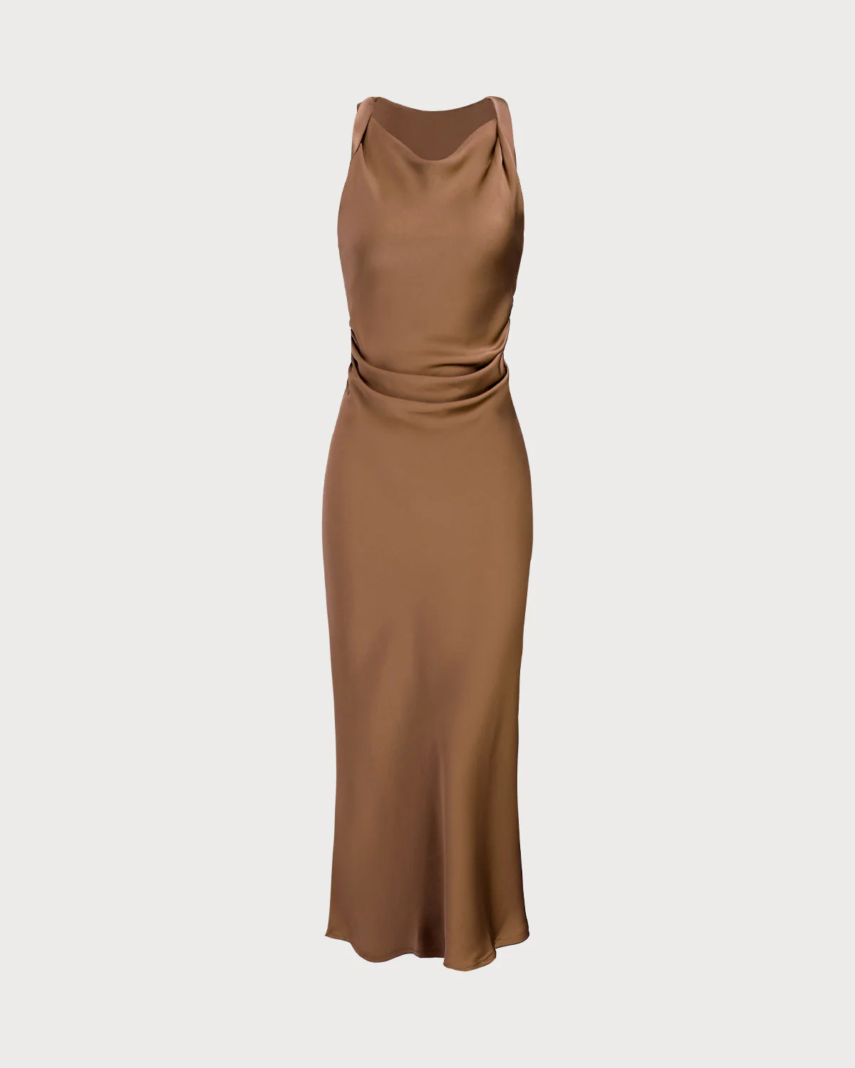 Coffee Satin Boat Neck Slip Midi Dress - Image 6