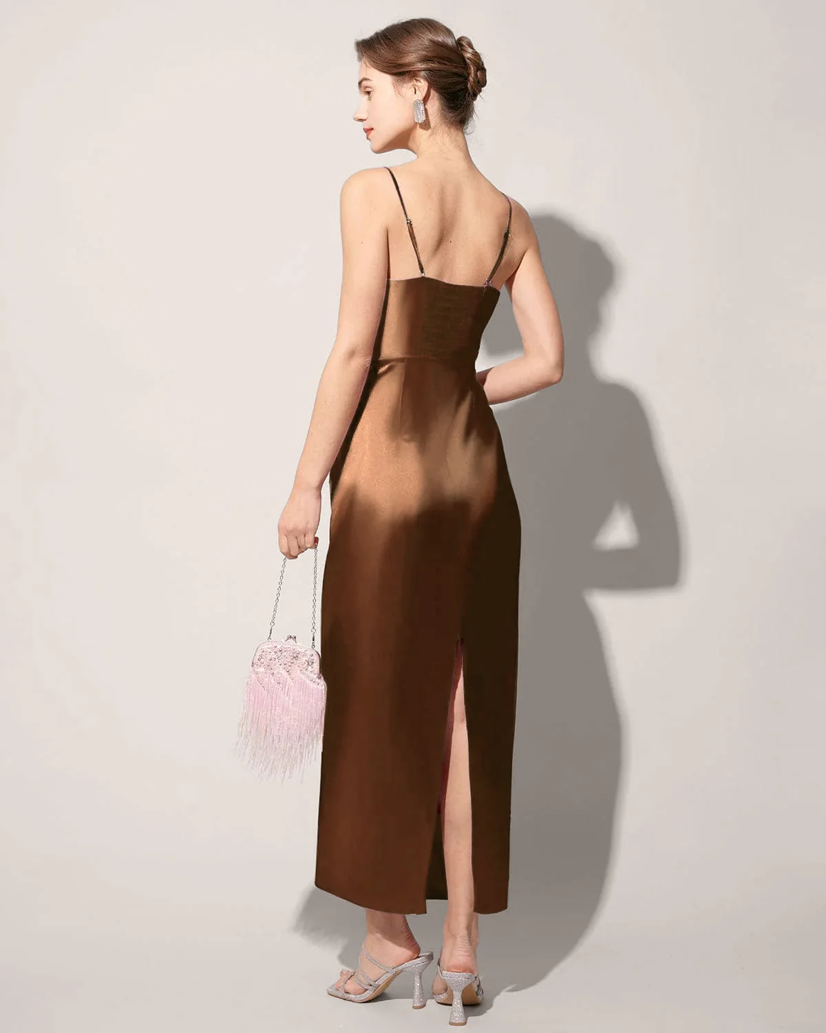 Coffee Satin Slip Maxi Dress - Image 2