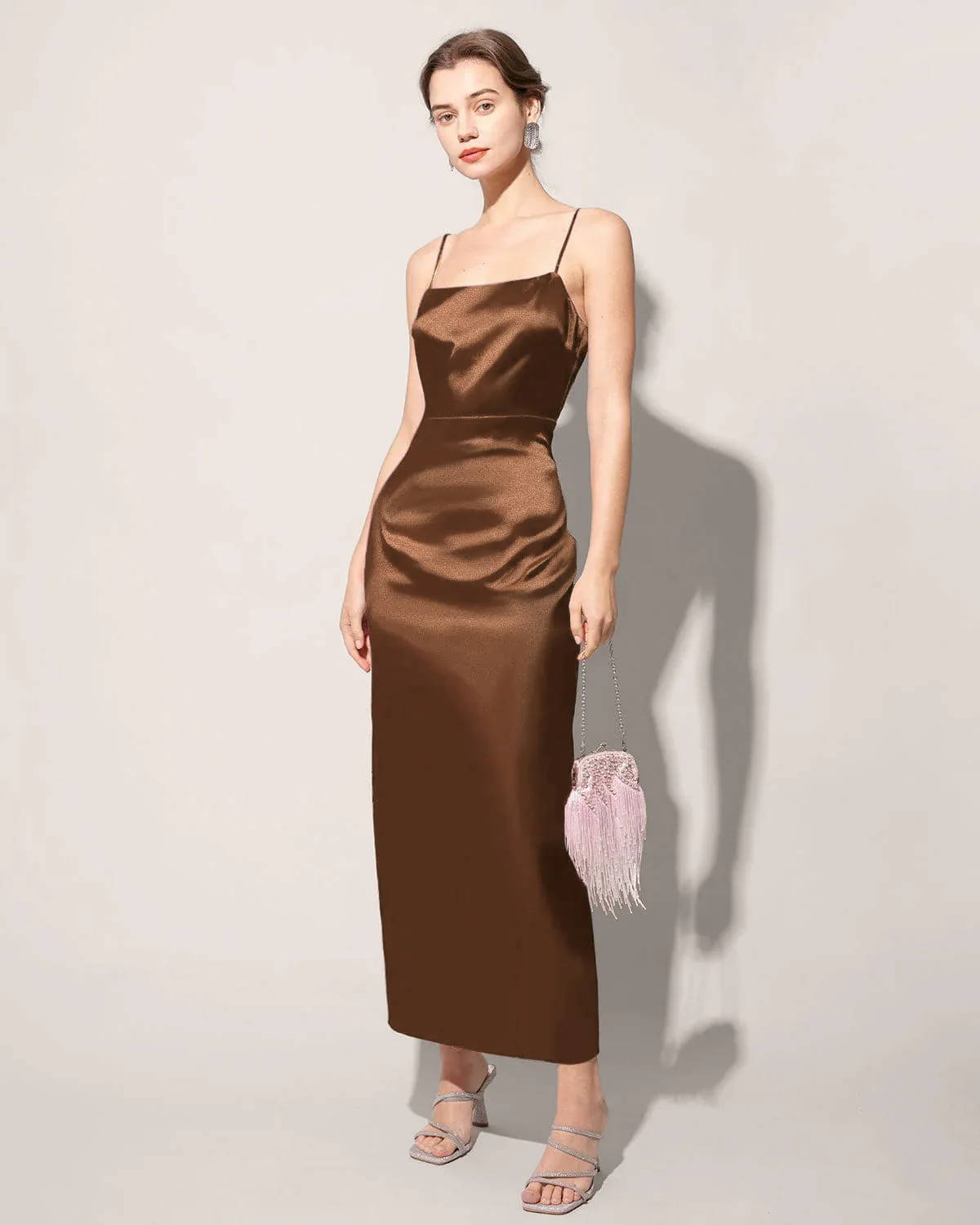 Coffee Satin Slip Maxi Dress - Image 3