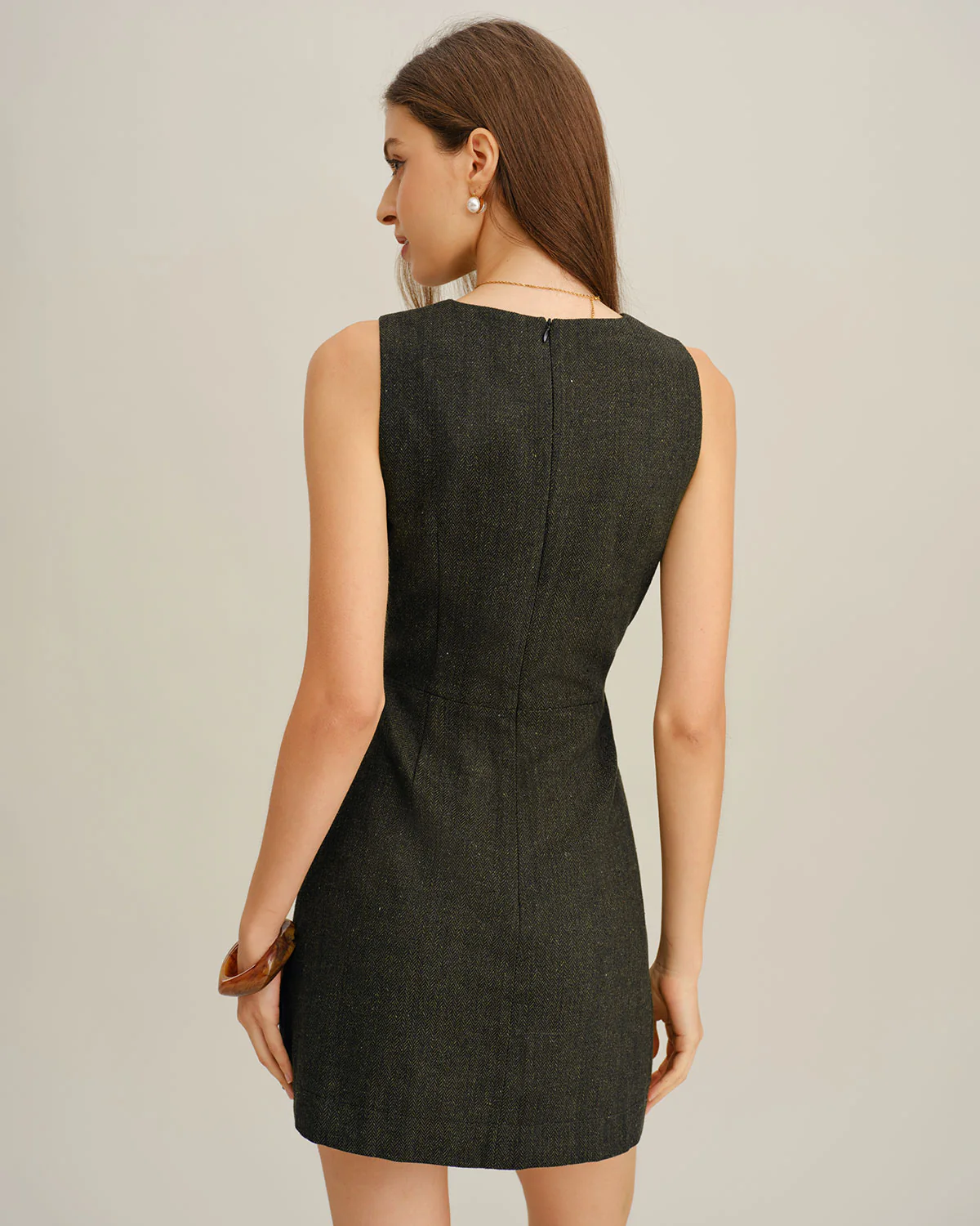 Dark Green V Neck Sleeveless Mini Dress - Image 4