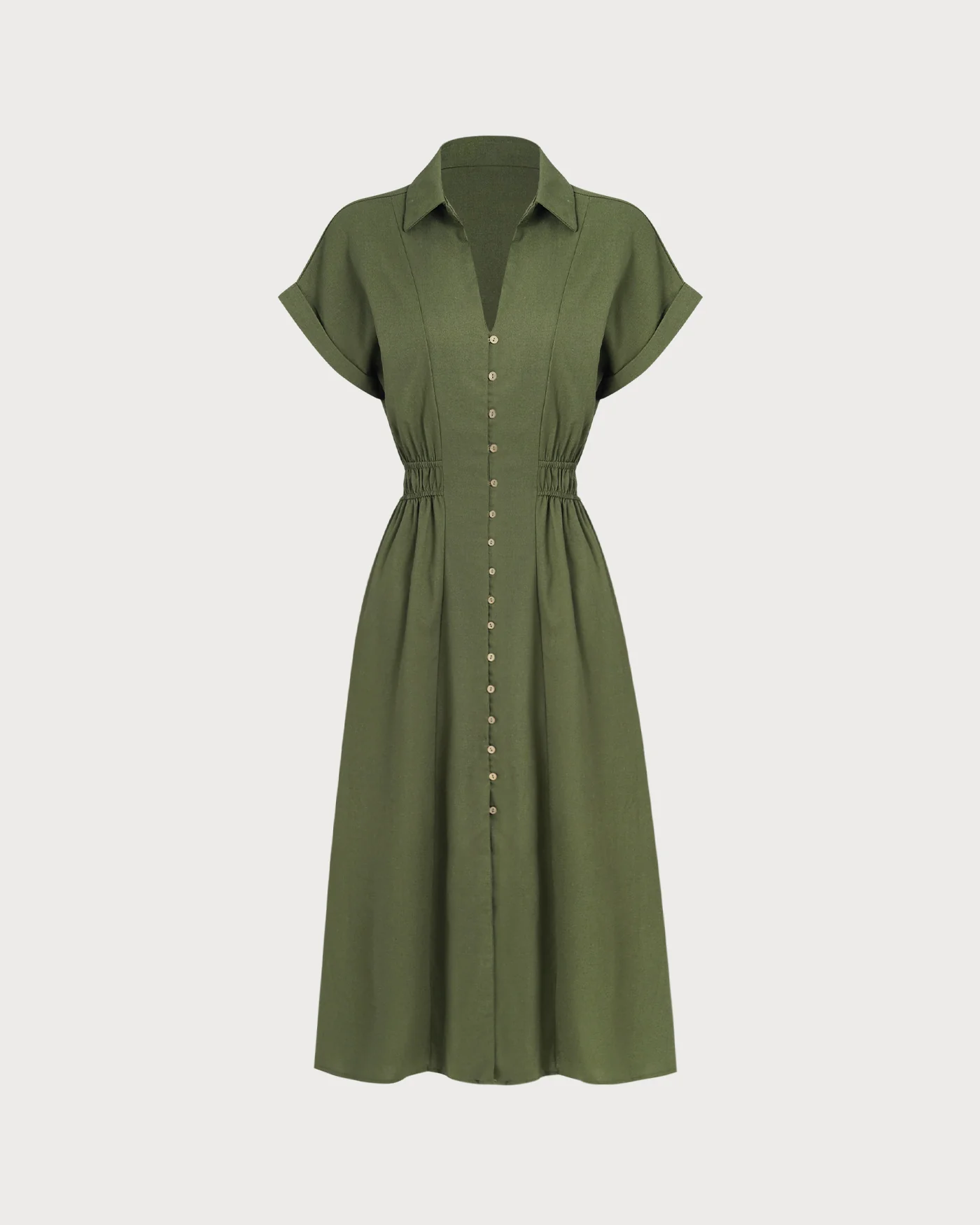 Green A-Line Button Midi Dress