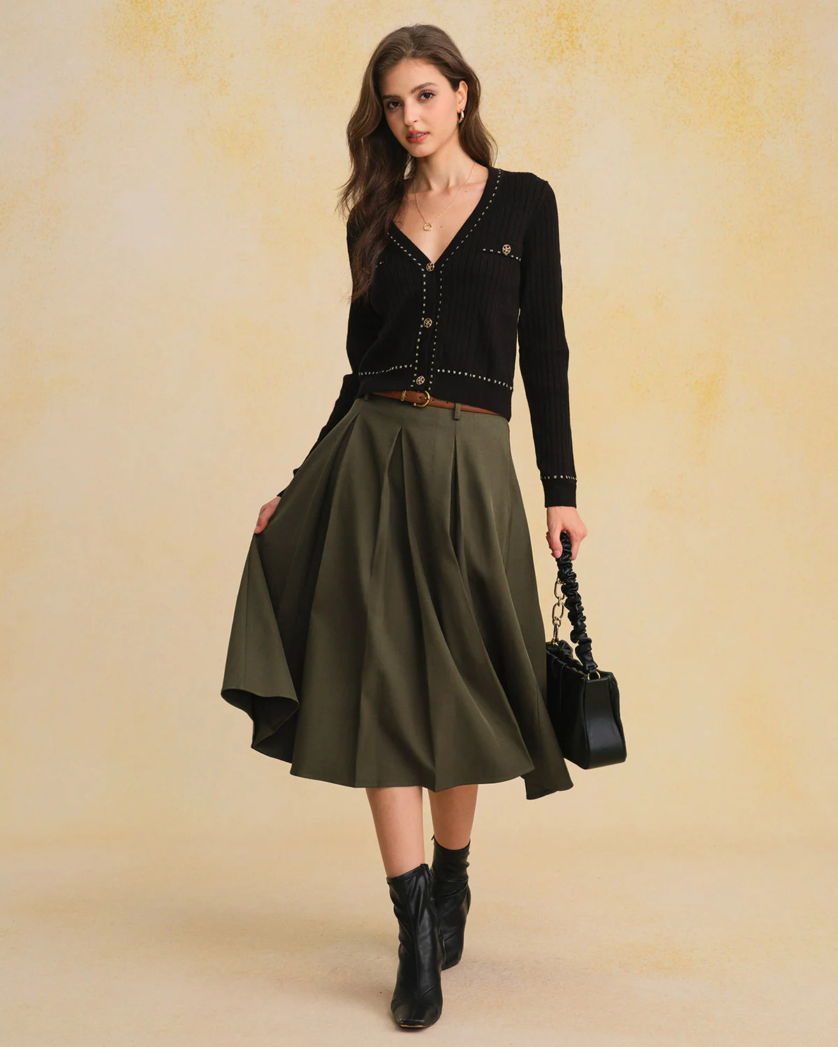 Green A-Line Pleated Midi Skirt - Image 7